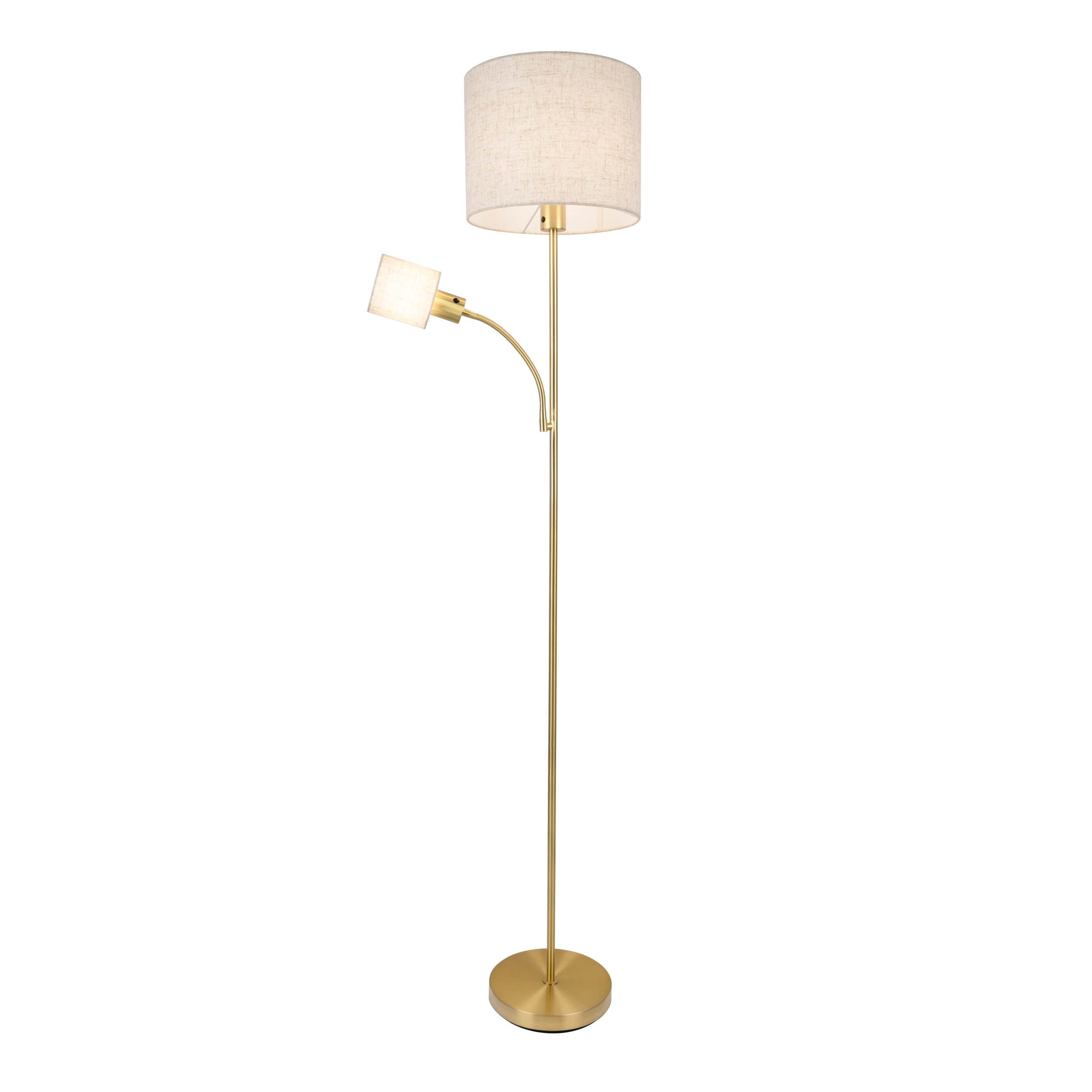Eine goldene Stehlampe mit zwei Schirmen. Einer ist groß und zylindrisch, der andere kleiner und quadratisch.