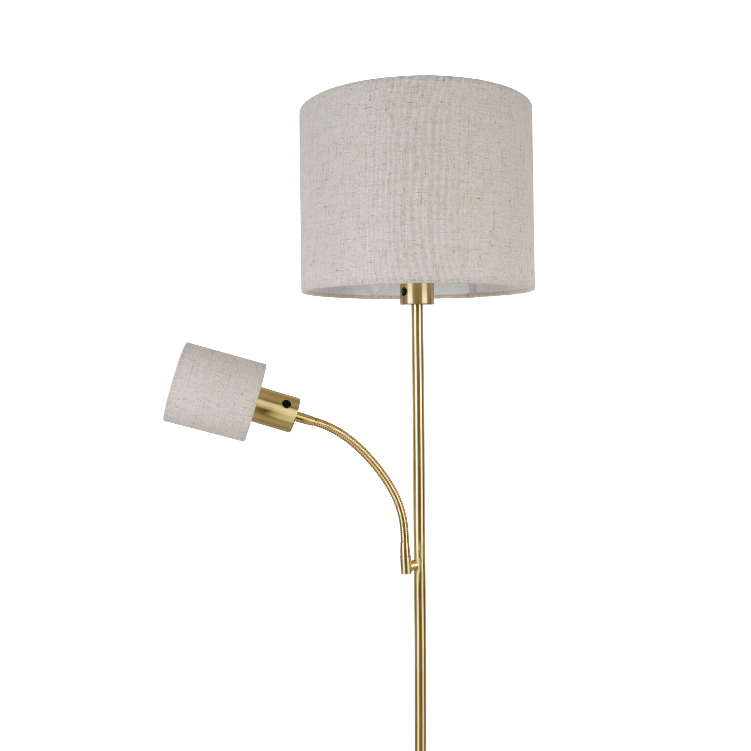 Eine goldfarbene Stehlampe mit zwei beigefarbenen Stoffschirmen, einem großen und einem kleinen, vor weißem Hintergrund.