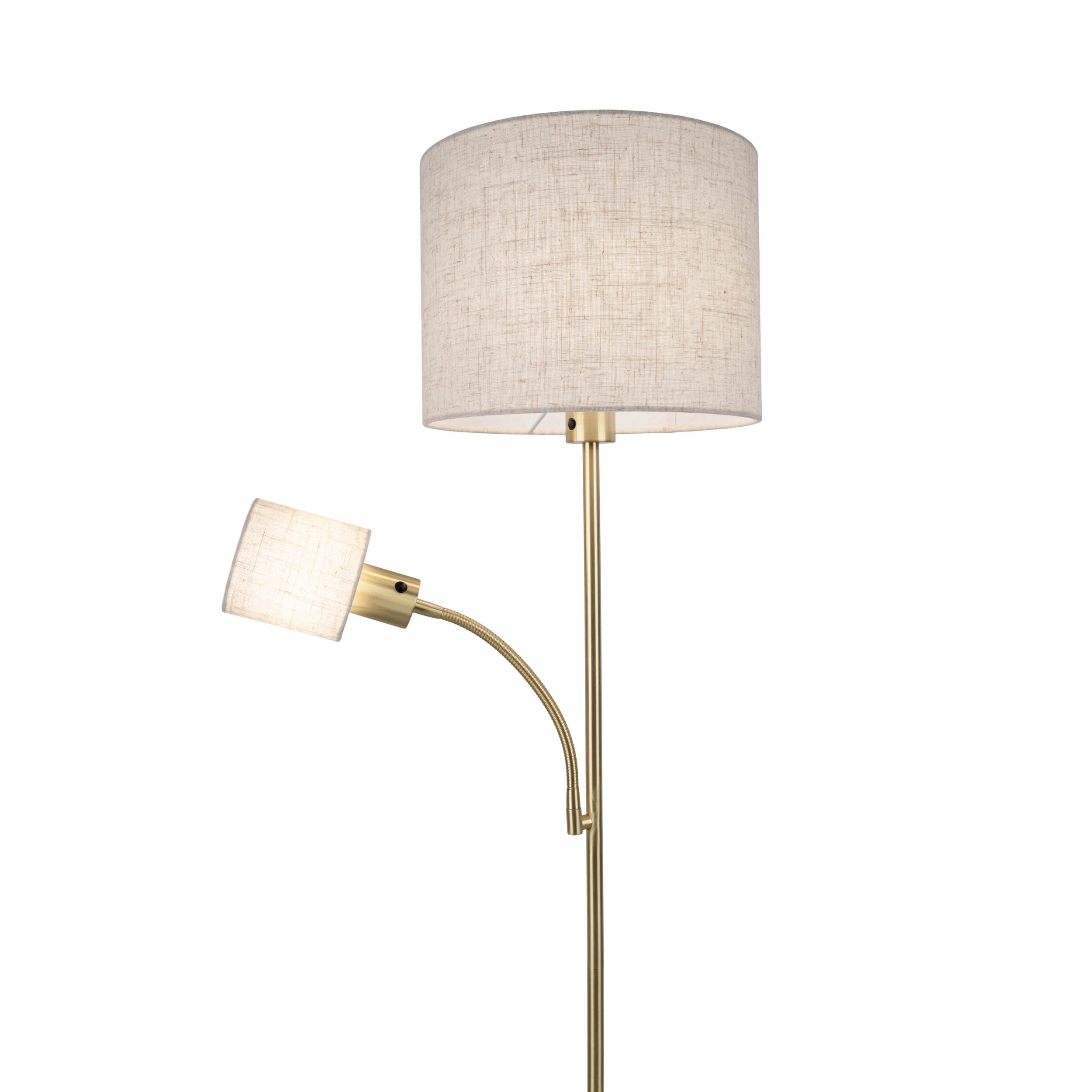 Eine goldfarbene Stehlampe mit zwei Lampenschirmen. Einer ist groß und zylindrisch, der andere klein und gerichtet.
