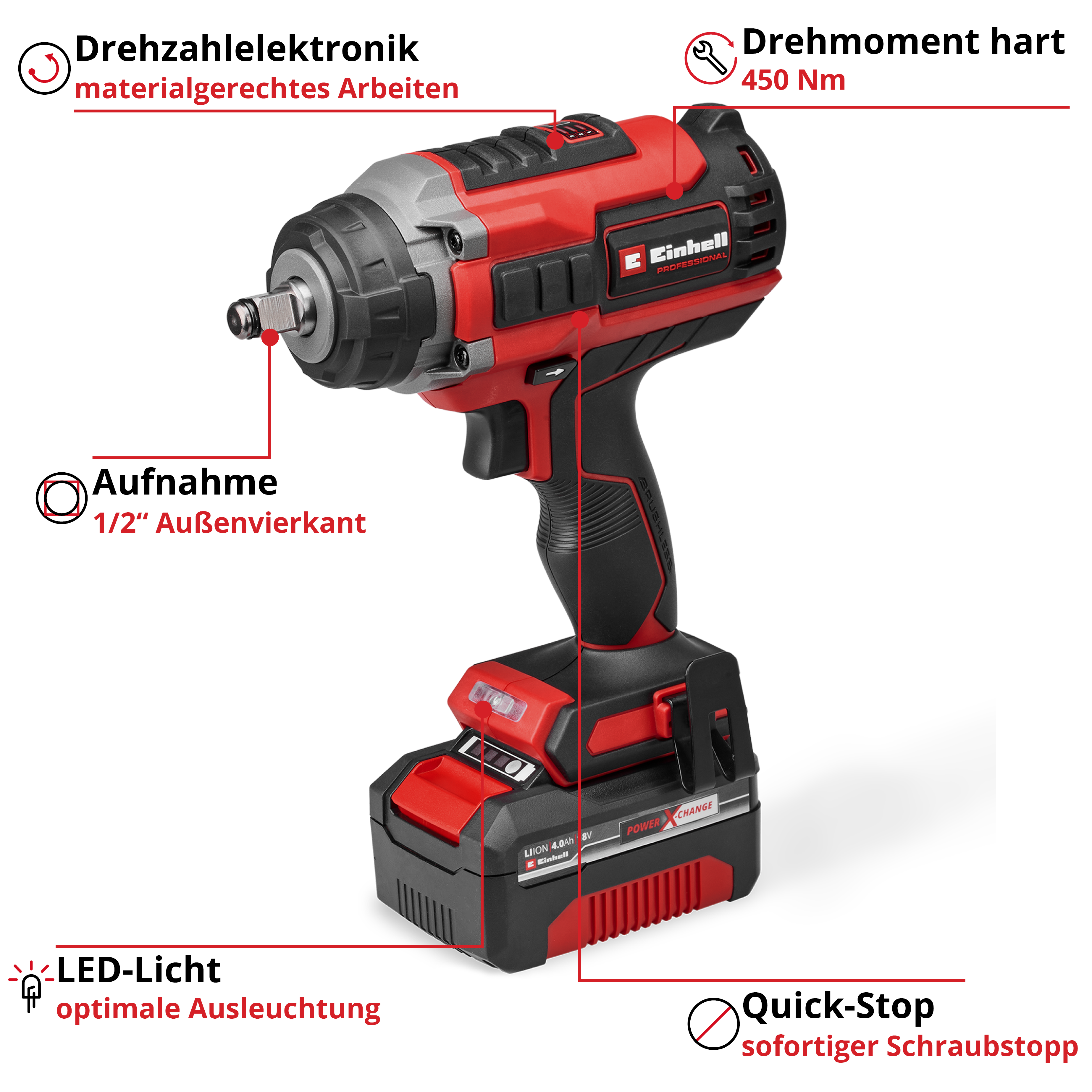 Ein roter und schwarzer Akku-Schlagschrauber. Merkmale sind LED-Licht, Quick-Stop und Power Change. Das Werkzeug hat mehrere Etiketten.