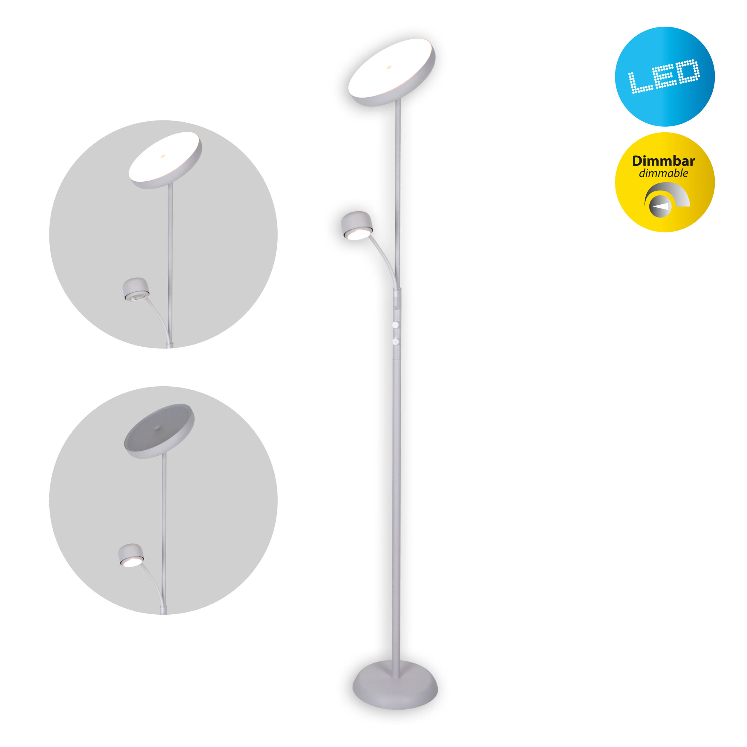 Eine weiße Stehlampe mit rundem Fuß, zwei Lichtern und dimmbaren LED-Funktionen. Zwei kreisförmige Einsätze zeigen Details.