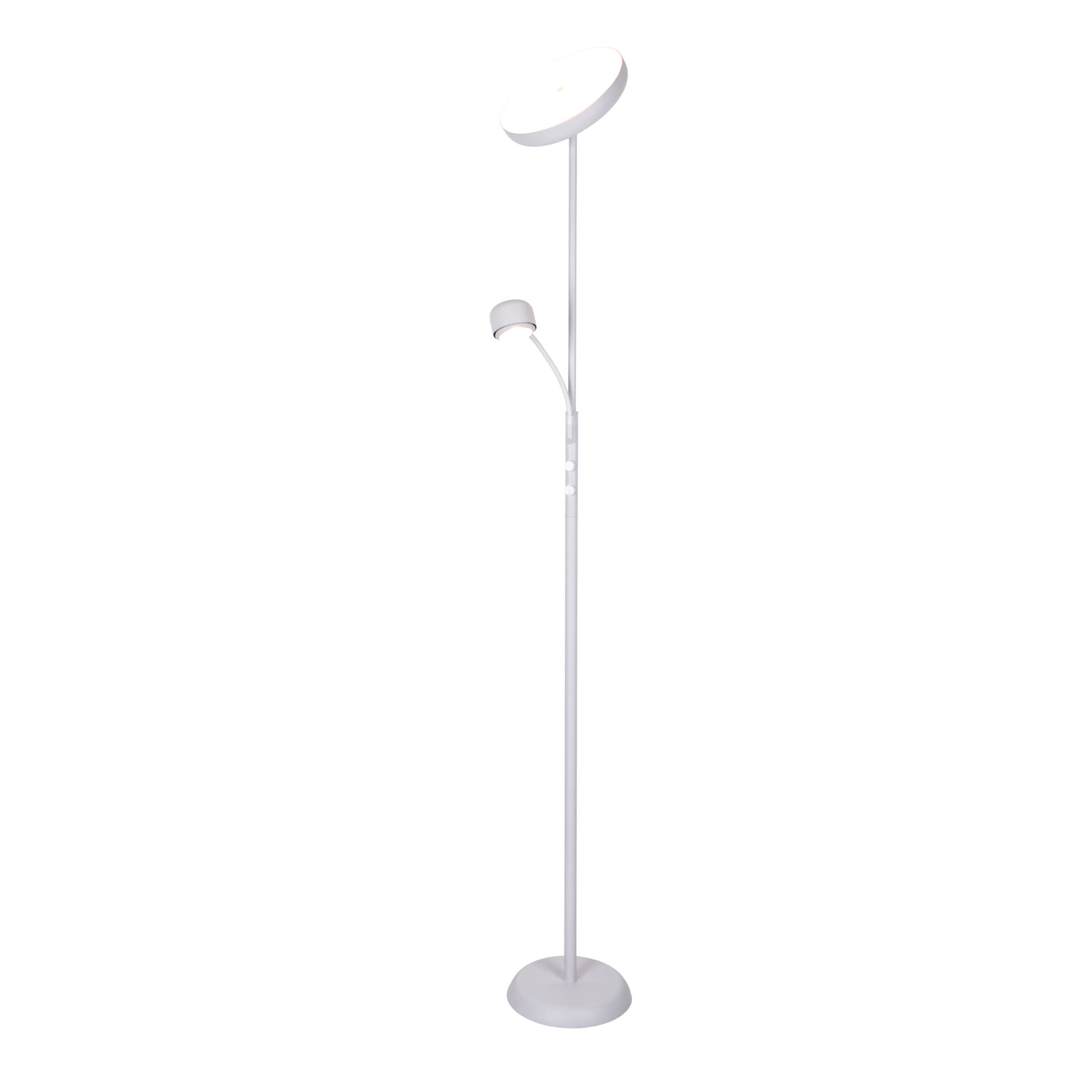 Eine weiße Stehlampe mit zwei Lichtquellen. Eine ist ein großer, kreisförmiger Kopf, die andere eine kleinere, verstellbare Lampe.