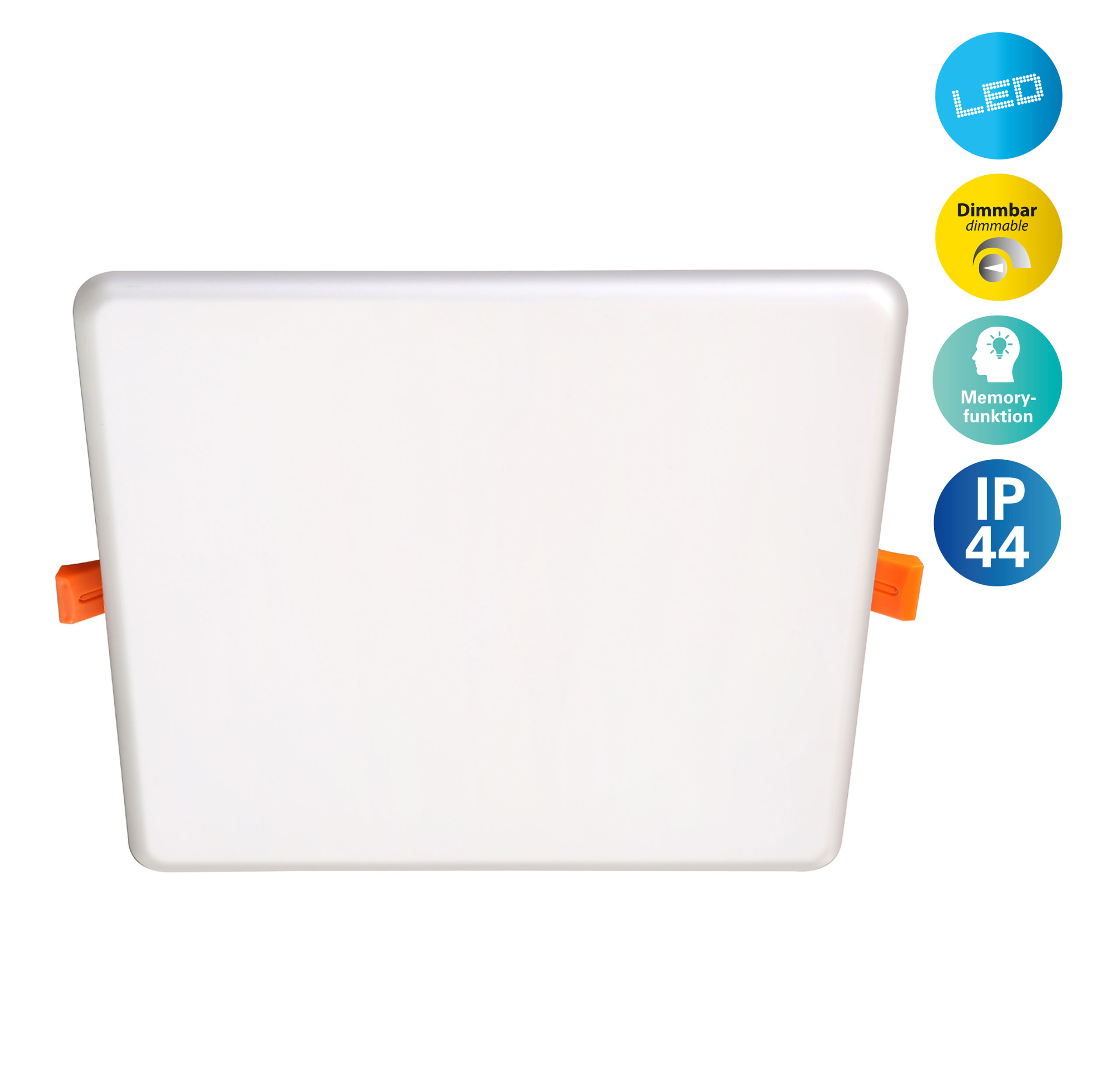 Weiße quadratische LED-Leuchte mit orangefarbenen Clips und blauen, gelben und grünen Symbolen mit Text.