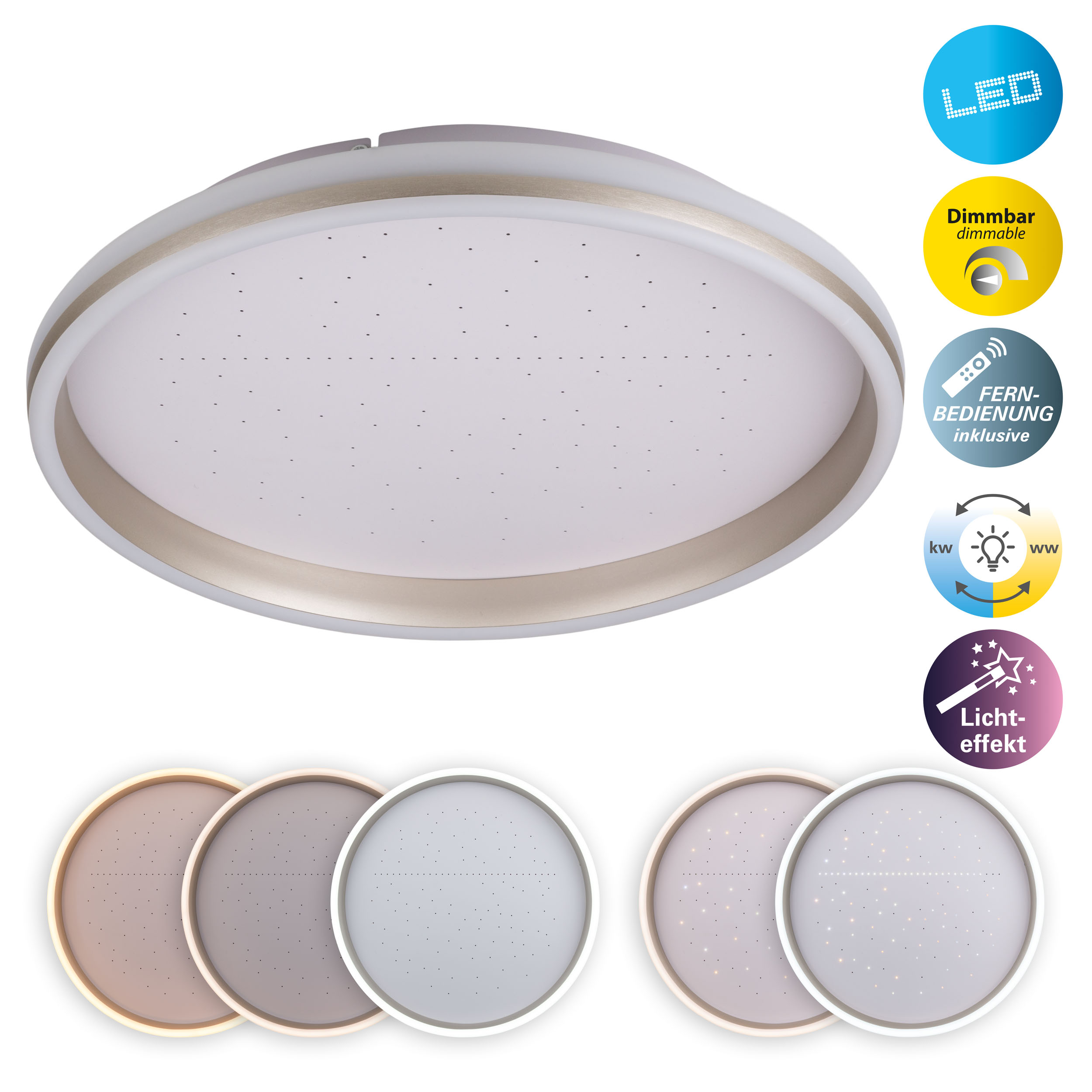 Runde LED-Deckenleuchte mit goldenem Rand, mehreren Lichtmodi und Fernbedienung.