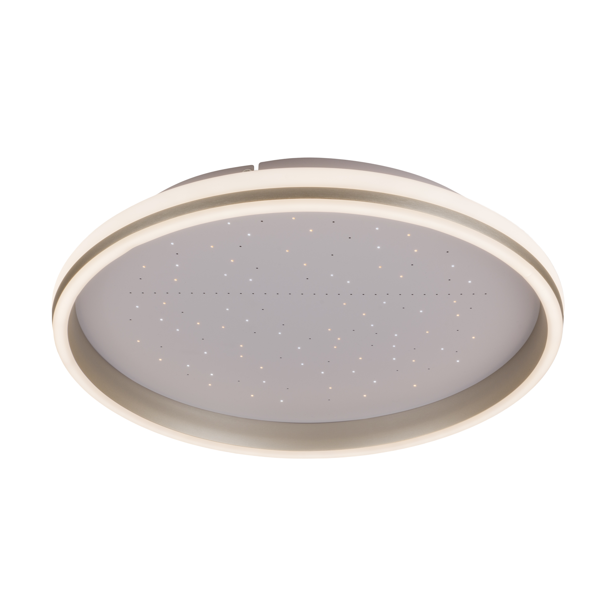 Eine runde Deckenleuchte mit mehreren kleinen Lichtern und einem umlaufenden Lichtband, weißer Hintergrund.
