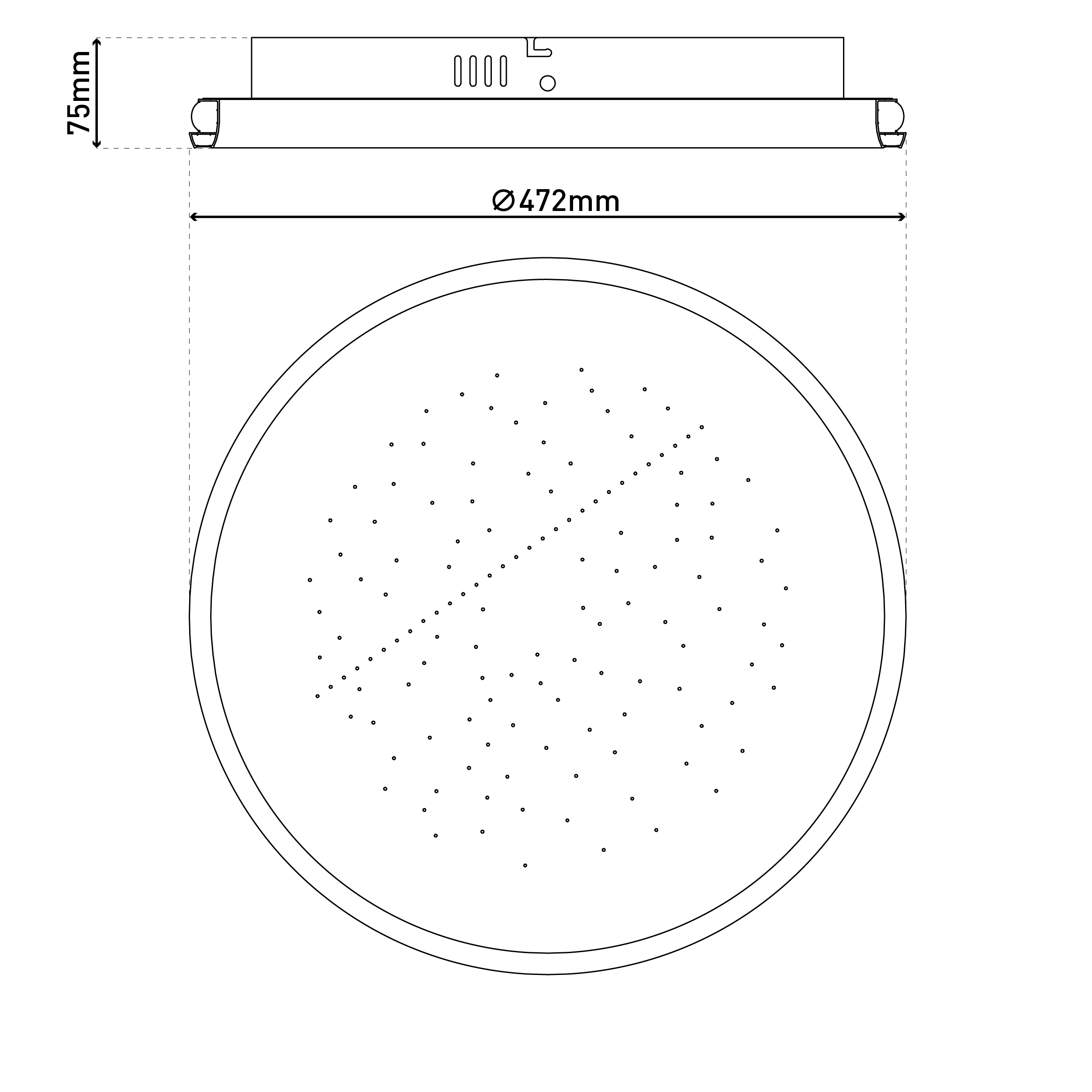 Diagramm einer runden Deckenleuchte. Maße sind beschriftet: 75 mm Höhe, 472 mm Durchmesser. Punkte bedecken die Oberfläche.