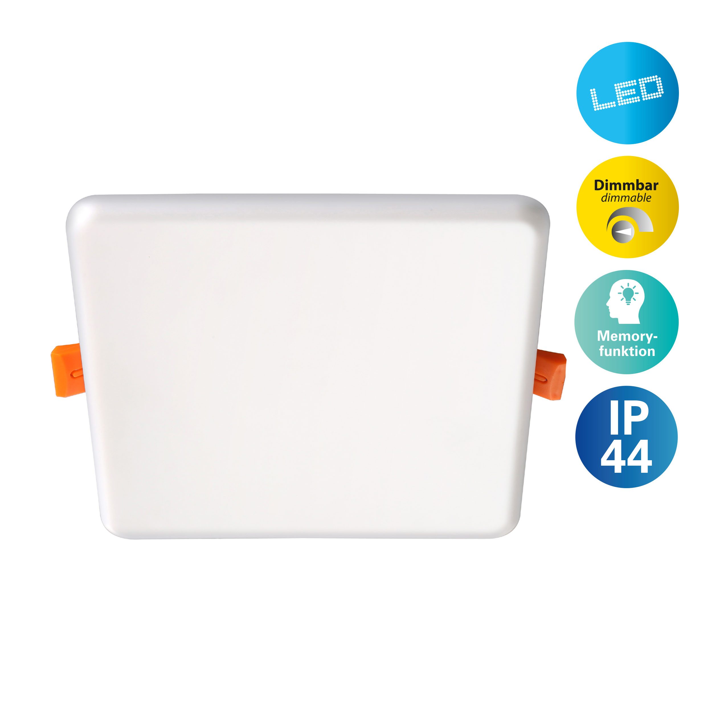 Eine weiße, quadratische LED-Leuchte mit orangefarbenen Clips. Enthält Symbole für dimmbar, Speicherfunktion und IP44.