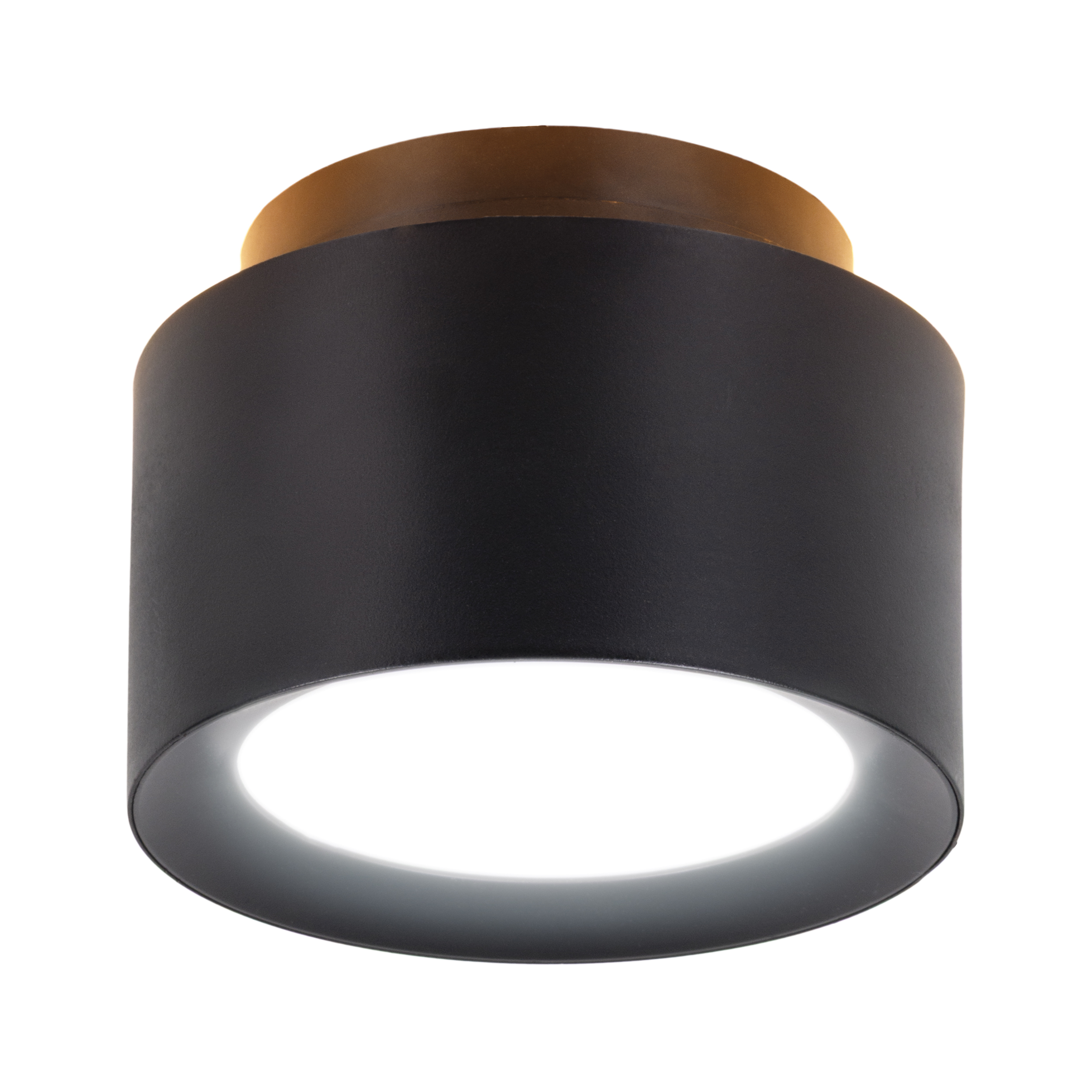 Eine moderne Deckenleuchte mit einem schwarzen zylindrischen Schirm und einer goldfarbenen Oberseite. Die Lichtquelle ist ein heller Ring.