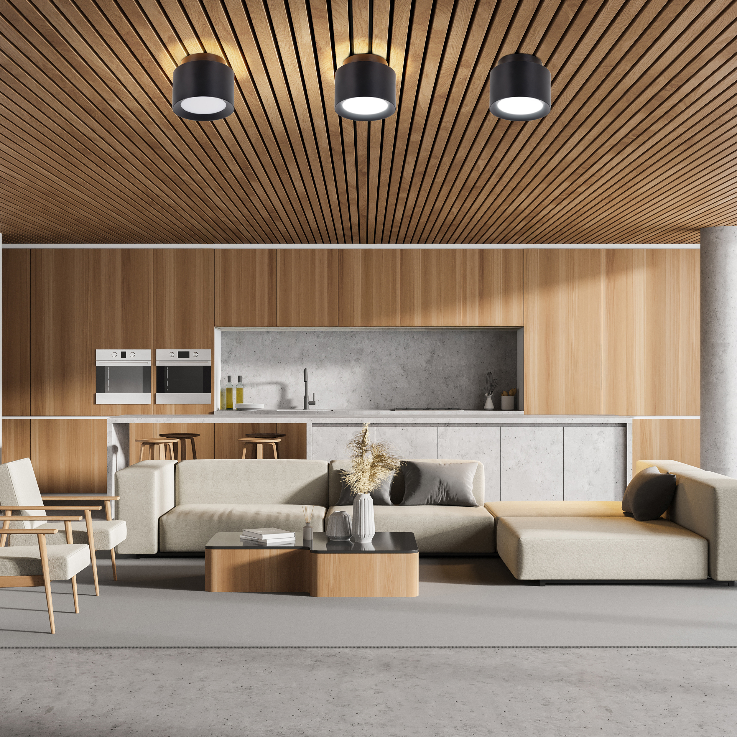 Moderne Küche und Wohnzimmer. Holzdecke und Schränke. Beiges Sofa, Stühle und ein schwarzer Couchtisch. Betonboden.