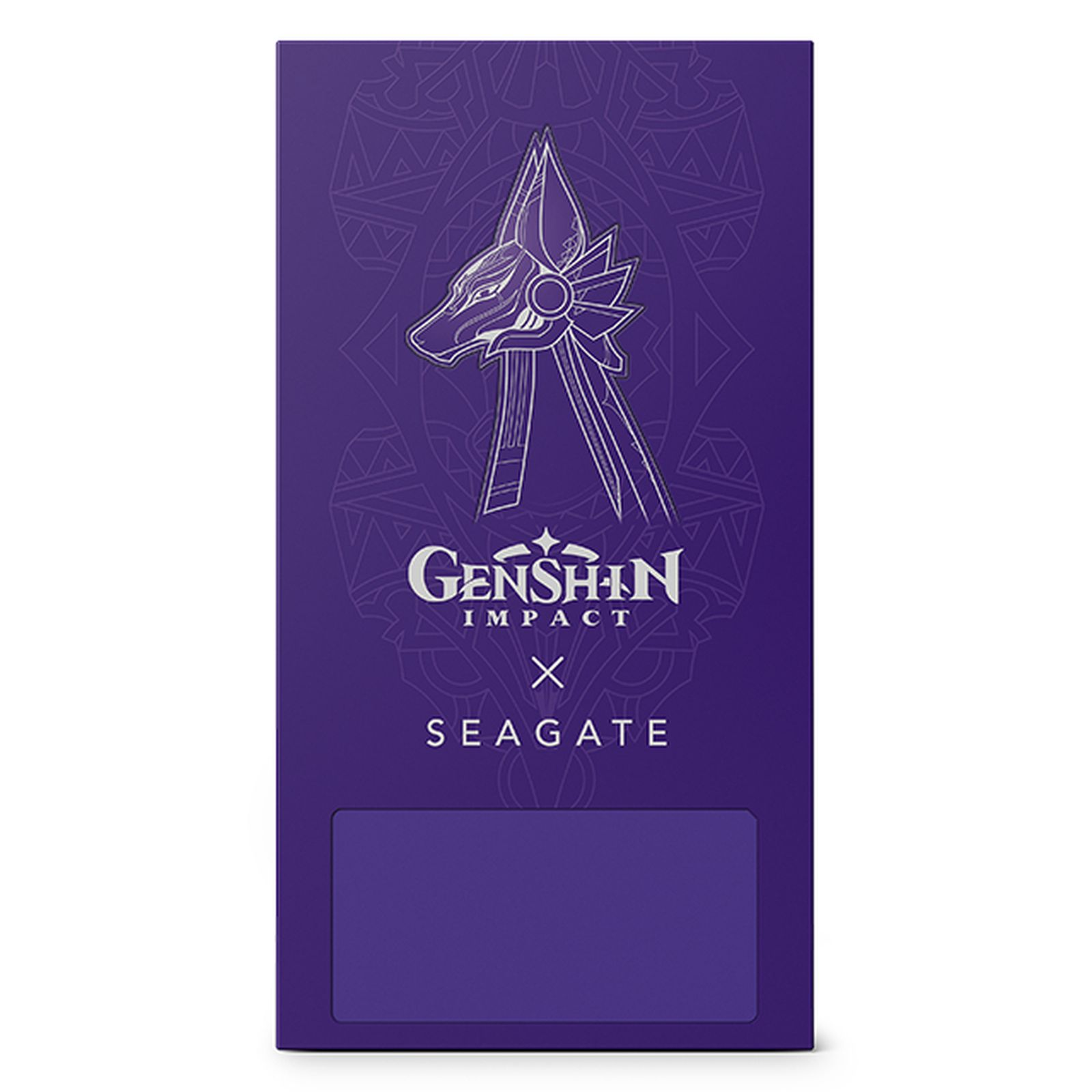 Caja morada con figura tipo Anubis, logo Genshin Impact y marca Seagate. Una ventana morada oscura en la base.