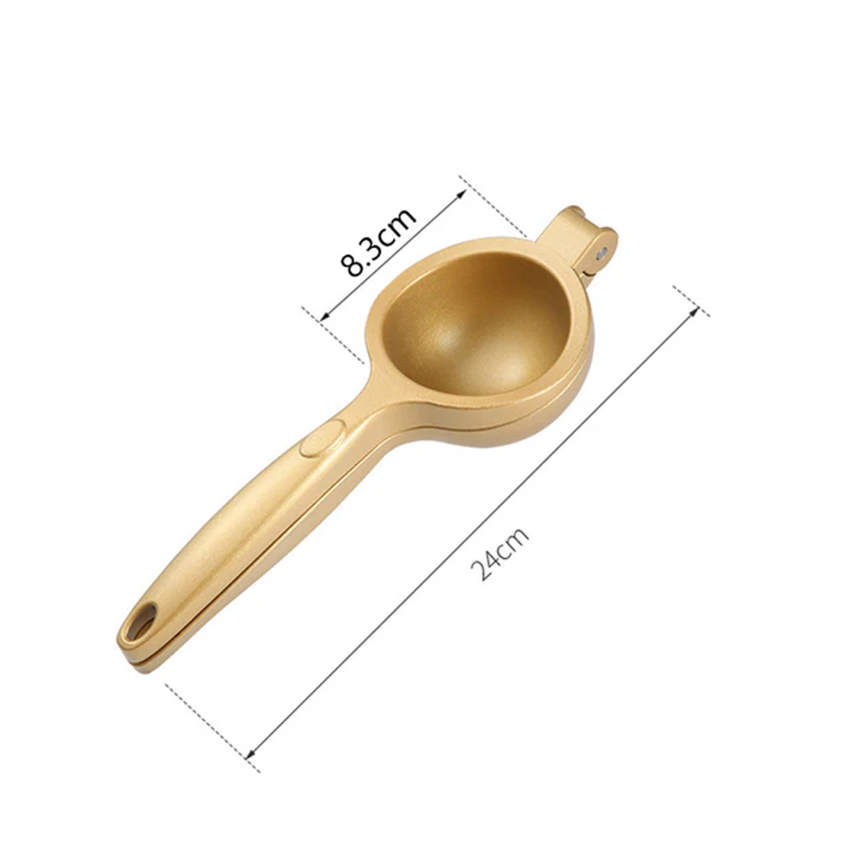 Ein goldener Zitronenentsafter mit angegebenen Abmessungen. Der Entsafter befindet sich auf weißem Hintergrund. Die Abmessungen sind 8,3 cm und 24 cm.
