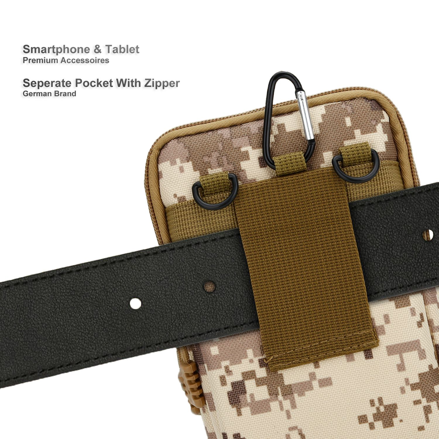 Eine tarnfarbene Tasche mit einem schwarzen Ledergürtel. Ein Karabiner und olivgrüne Riemen sind sichtbar. Die Tasche hat einen Reißverschluss.