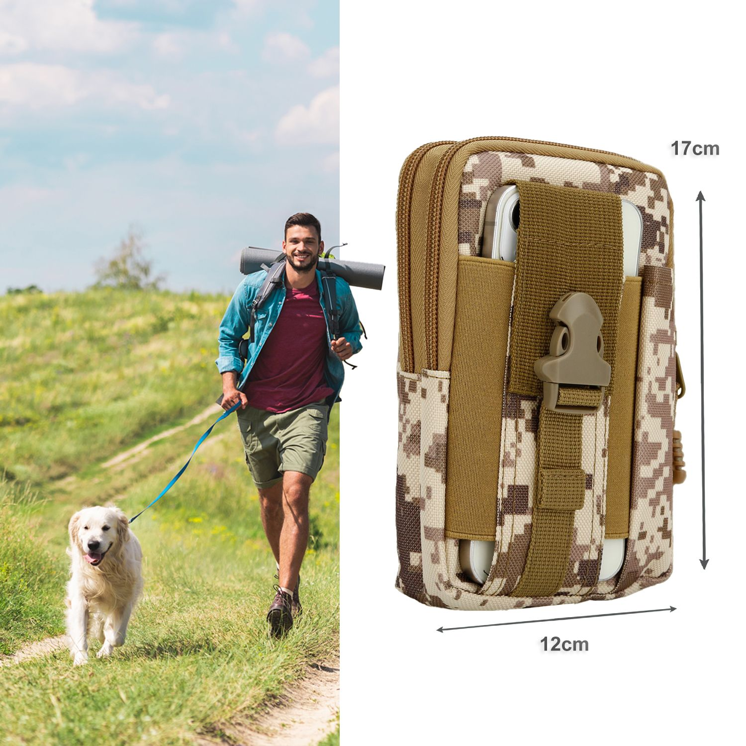 Ein Mann geht mit einem Hund an der Leine. Auf der rechten Seite befindet sich eine Camouflage-Tasche. Der Mann trägt Ausrüstung auf dem Rücken.