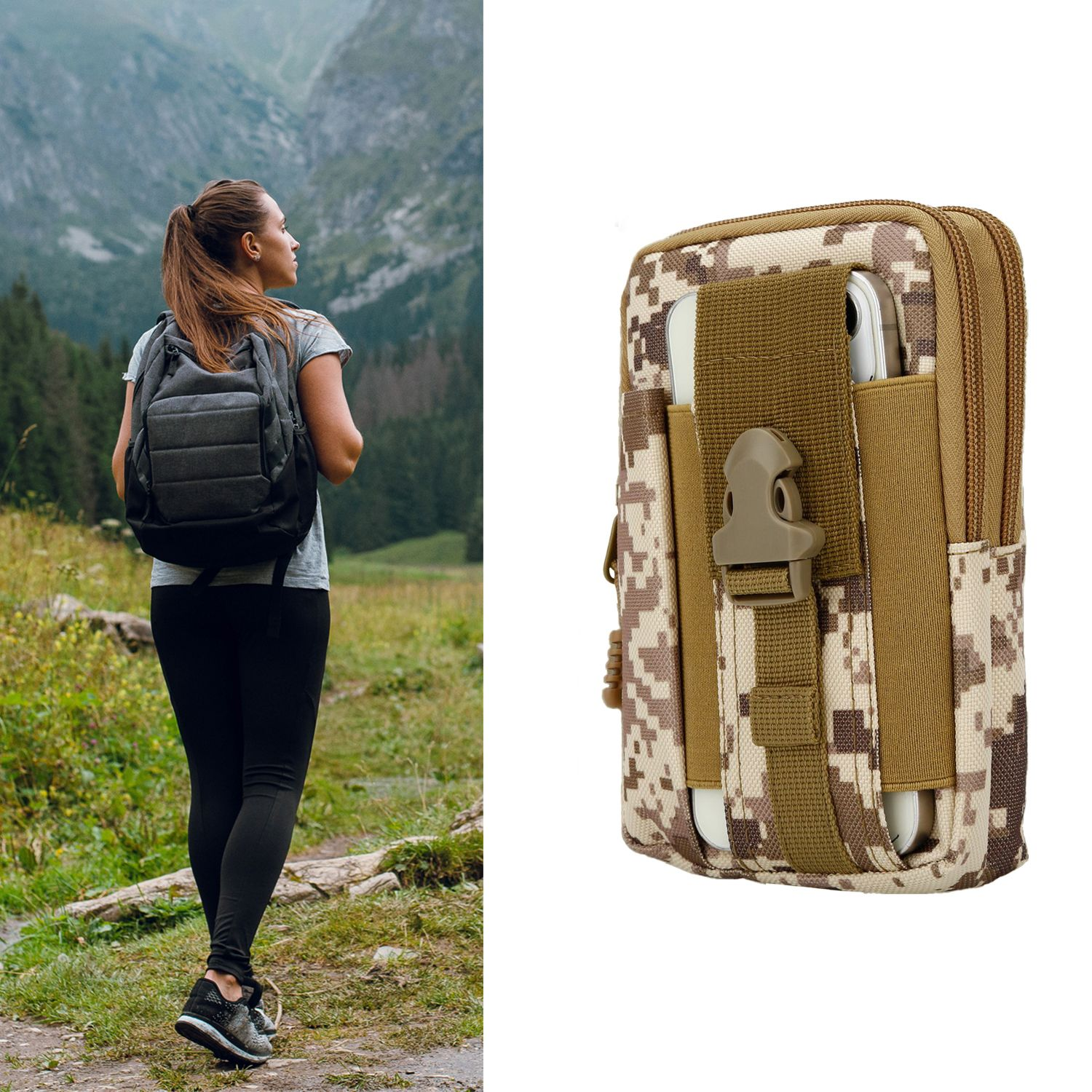 Eine Frau wandert mit Rucksack. Auf der rechten Seite befindet sich eine Camouflage-Tasche mit Telefon. Berge sind im Hintergrund.