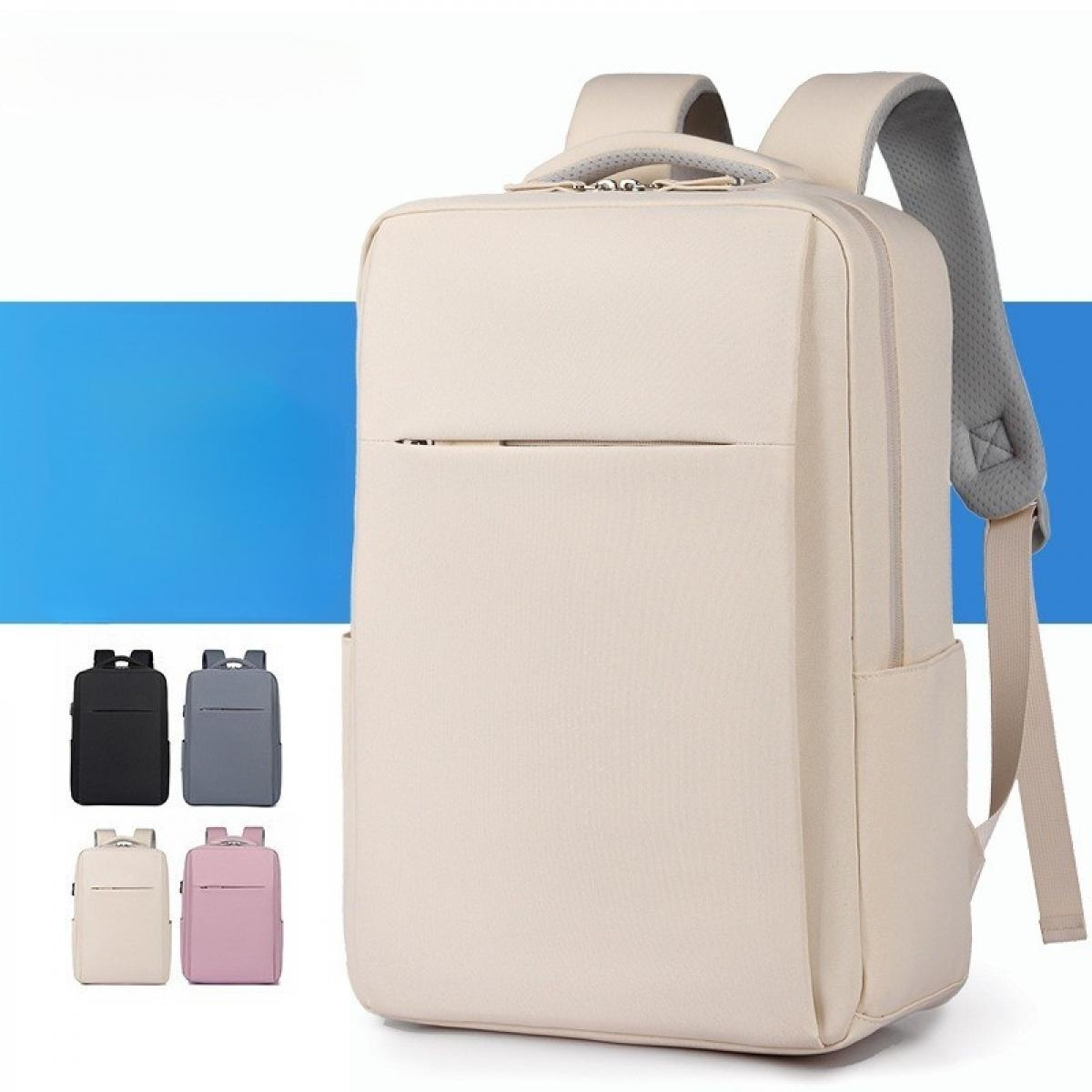 Ein cremefarbener Rucksack mit einer Vordertasche. Vier kleinere Rucksäcke in Schwarz, Grau, Beige und Rosa sind links abgebildet.