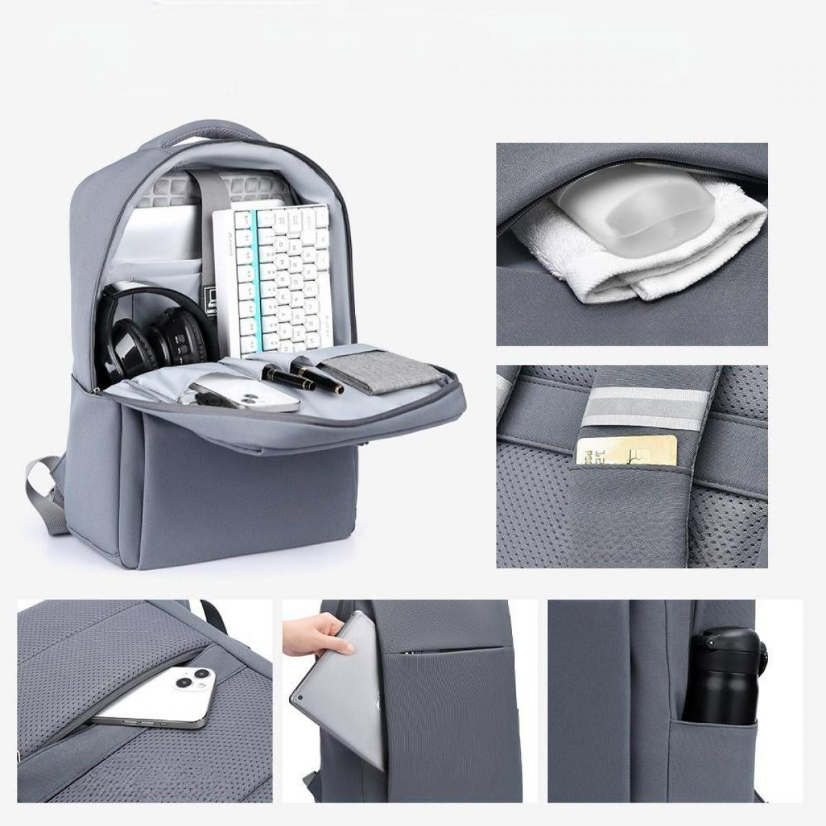 Grauer Rucksack mit mehreren Fächern. Enthält Tastatur, Kopfhörer, Maus, Tablet, Telefon, Stifte und eine Wasserflasche.