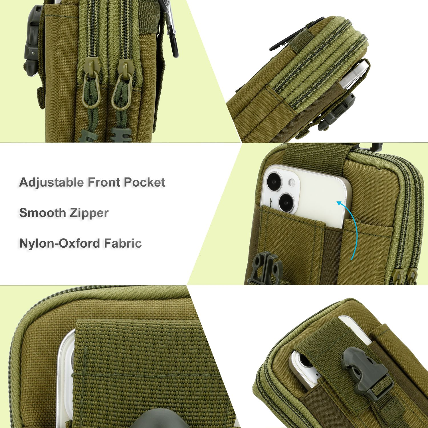 Eine olivgrüne Nylontasche mit Reißverschlüssen und einer verstellbaren Vordertasche. Ein Smartphone ist teilweise in der Tasche sichtbar.