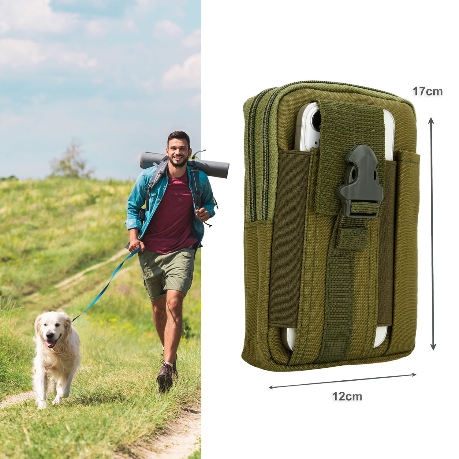 Ein Mann wandert mit einem Hund auf einem Pfad. Eine grüne Handytasche liegt daneben, mit einem Telefon darin. Abmessungen sind angegeben.
