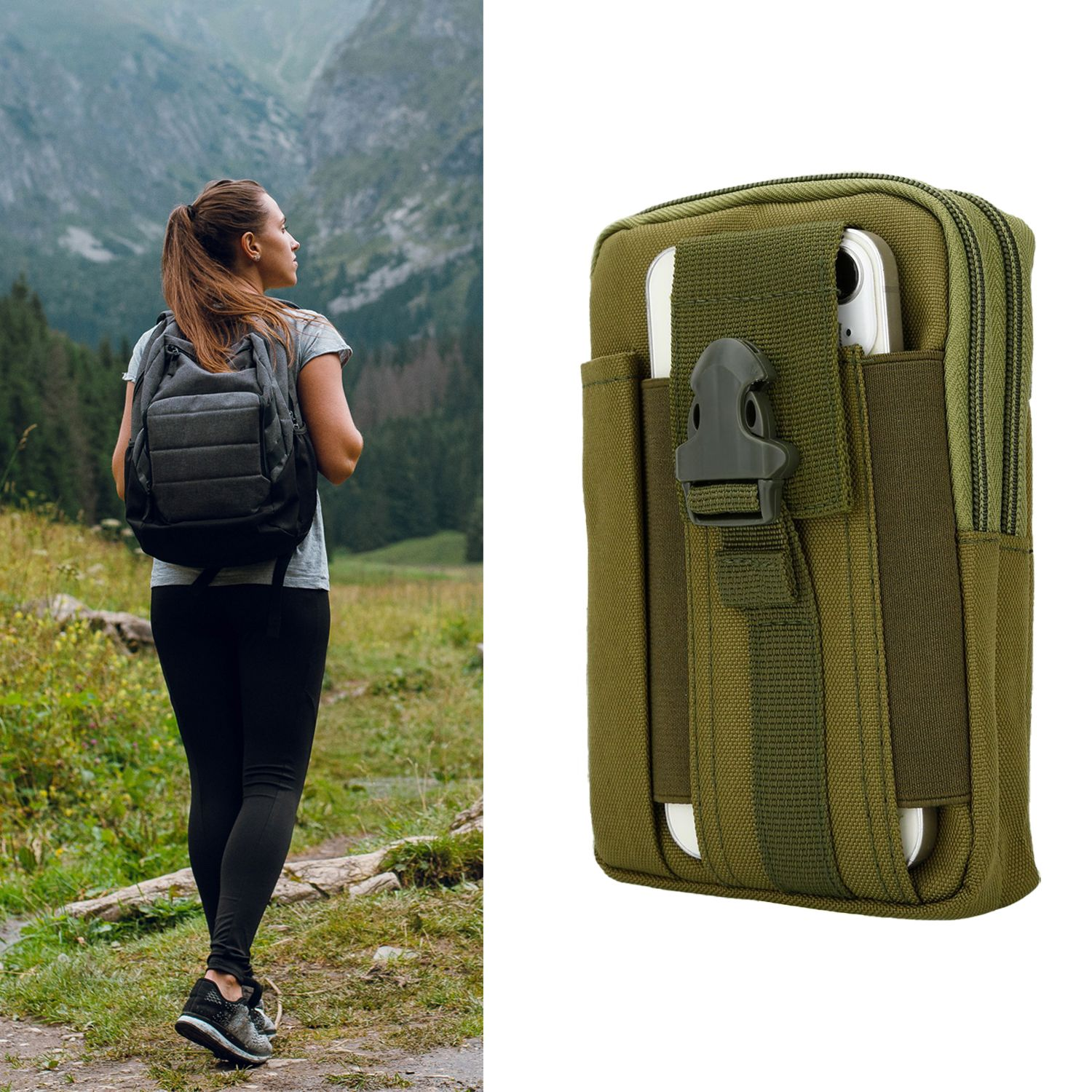 Frau wandert mit Rucksack, blickt auf Berge. Grüne Utensilientasche mit Telefon rechts.