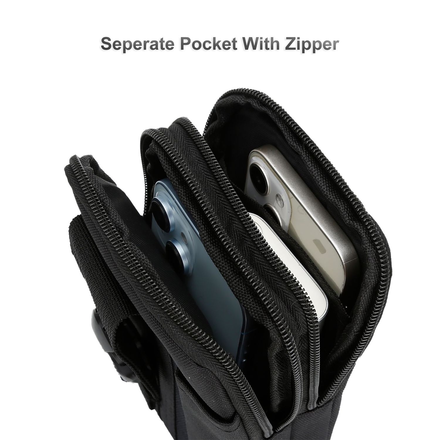 Schwarze Tasche mit Reißverschlüssen, die sich öffnet, um Smartphones zu zeigen. Der Text lautet: 'Separate Pocket With Zipper'.