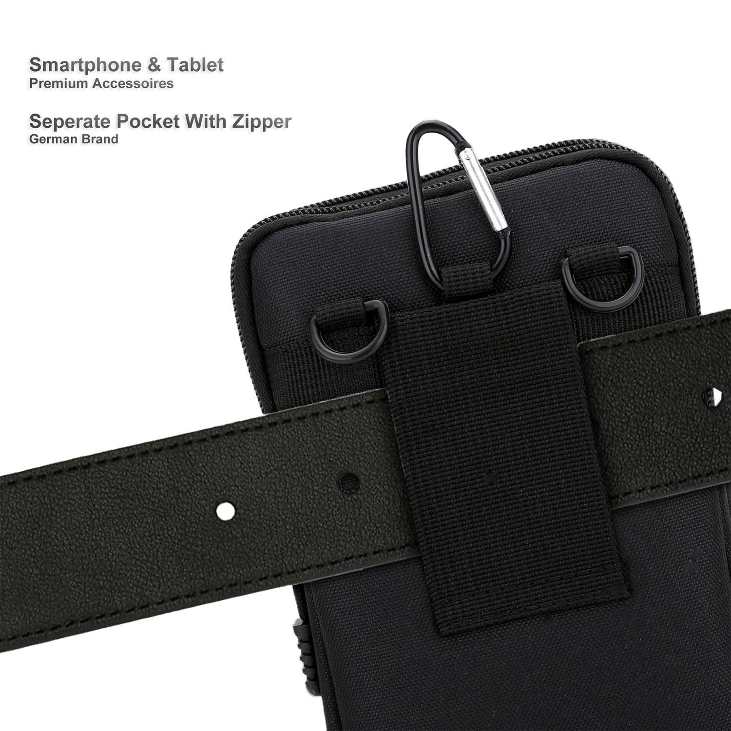Eine schwarze Smartphone- und Tablettasche mit Gürtelschlaufe und Karabiner. Die Tasche hat einen Reißverschluss und eine separate Tasche.