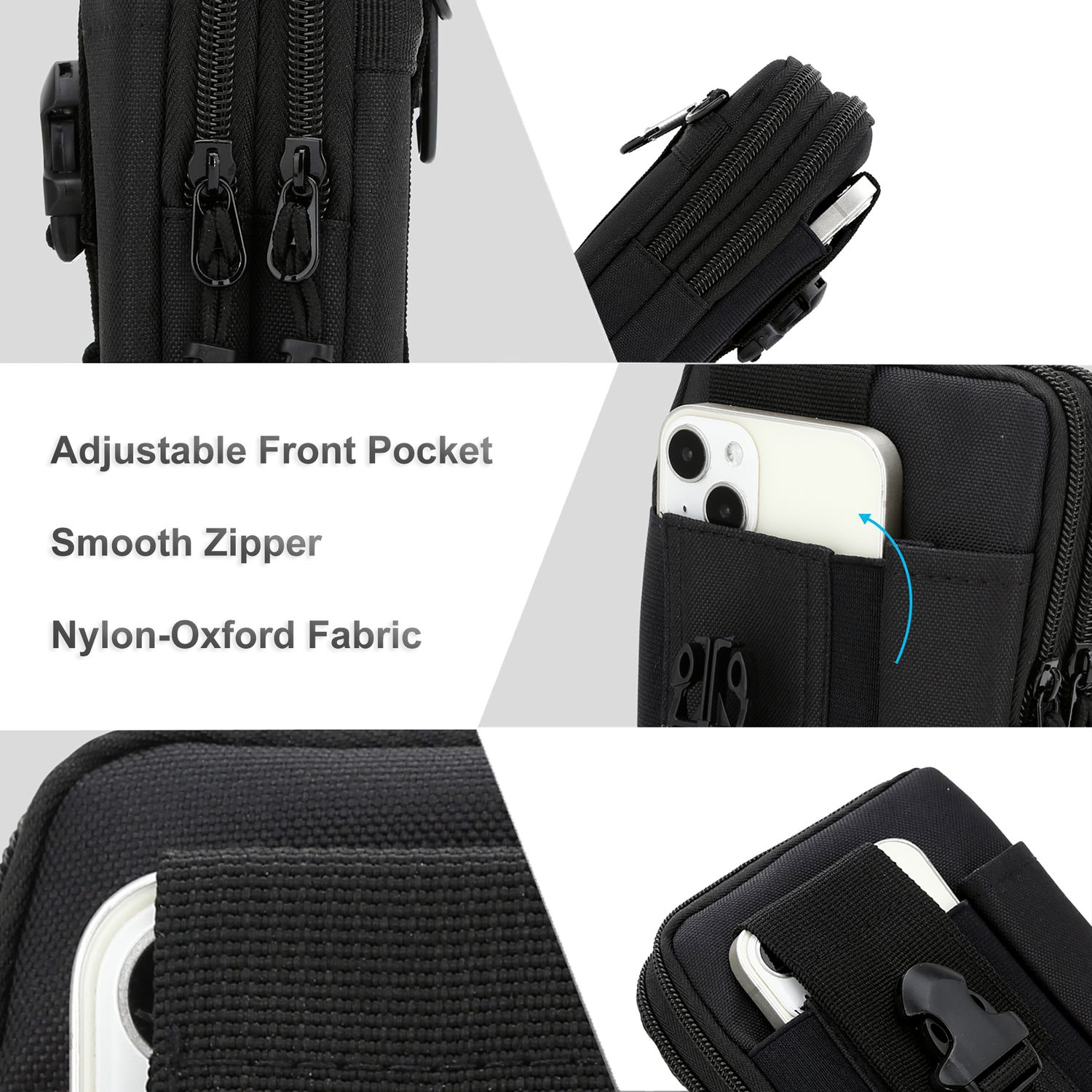 Schwarze Handytasche aus Nylon-Oxford-Gewebe. Mit verstellbarer Fronttasche, glattem Reißverschluss und Schnalle. Inklusive Telefon.