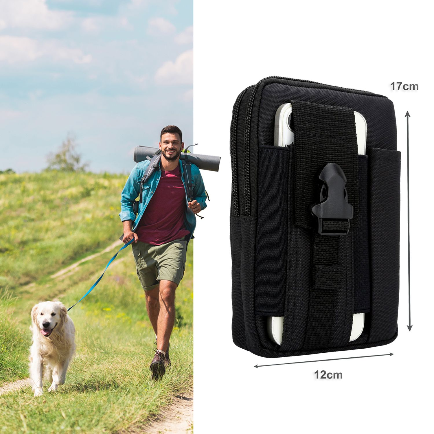 Ein Mann wandert mit einem Hund auf einem Weg. Eine schwarze Tasche mit weißem Telefon wird gezeigt. Abmessungen: 17 cm x 12 cm.
