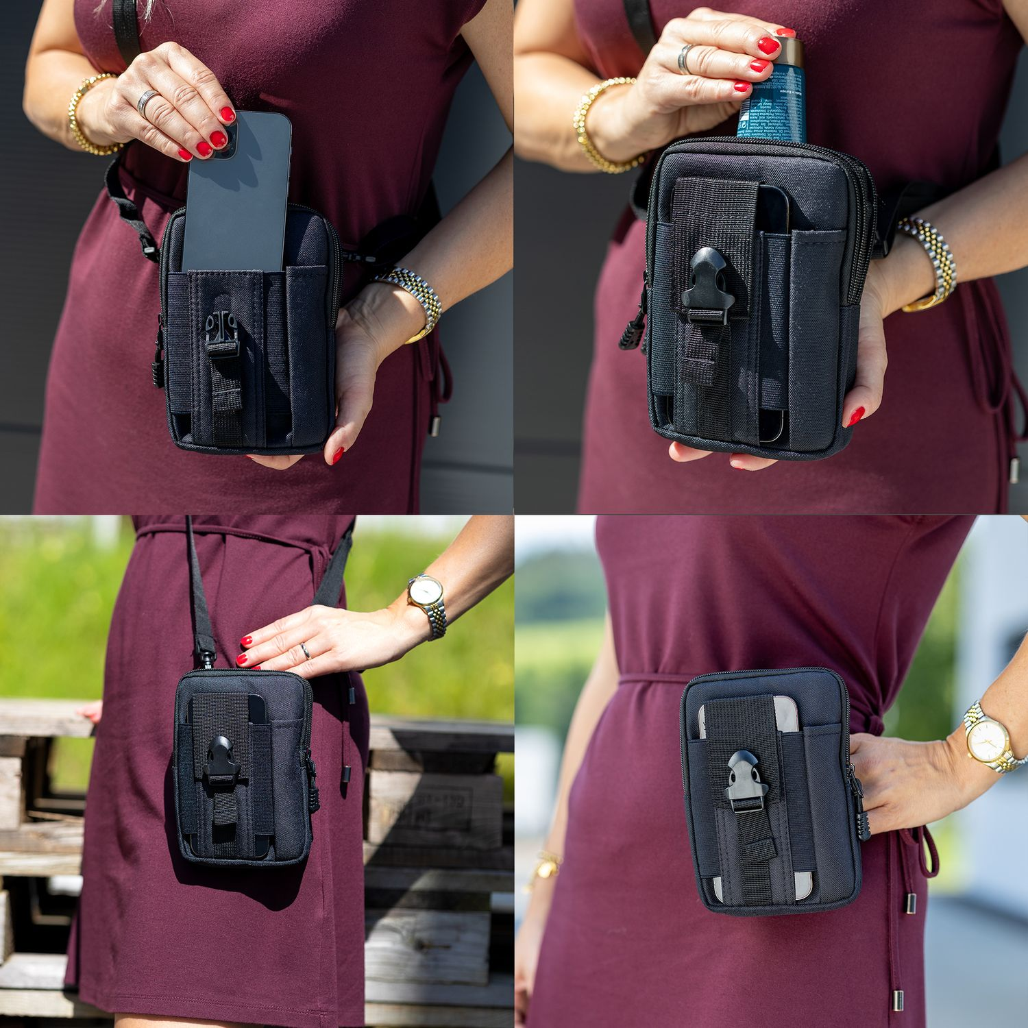 Eine Person in einem weinroten Kleid zeigt eine schwarze Tasche. In der Tasche befindet sich ein Telefon. Die Person trägt eine Uhr und Armbänder.