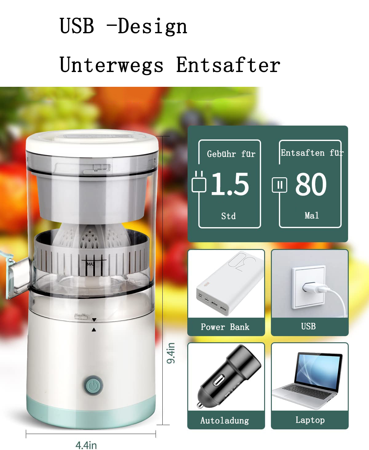 Ein tragbarer Entsafter mit weißem und blauem Design, mit Etiketten und Symbolen für Ladeoptionen: Powerbank, USB, Autoladegerät und Laptop.
