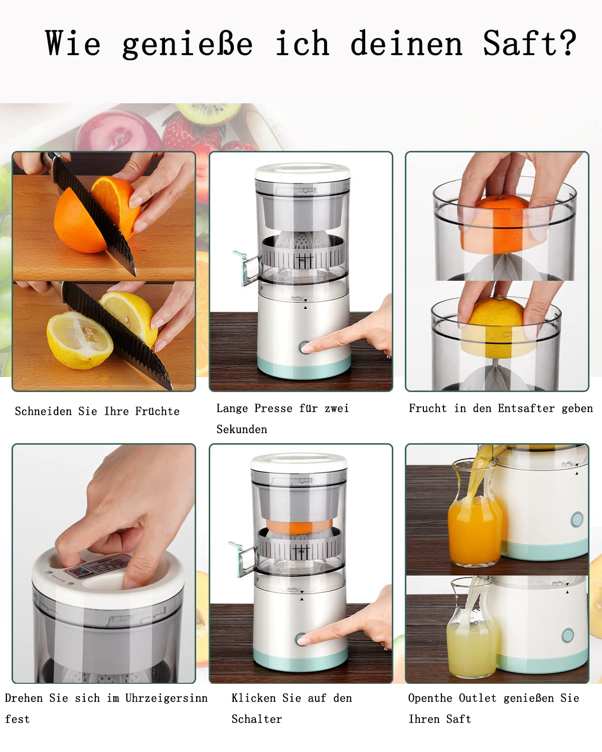 Anleitung zum Entsaften. Obst schneiden, in den Entsafter legen, drehen, Knopf drücken und Saft genießen.