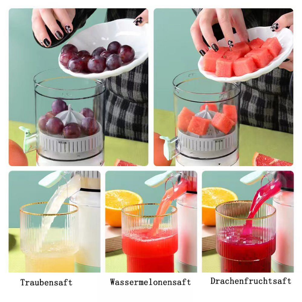 Hände gießen Trauben, Wassermelone und Drachenfrucht in Entsafter. Säfte fließen in Gläser. Aufschriften: 'Traubensaft', 'Wassermelonensaft' und 'Drachenfruchtsaft'.