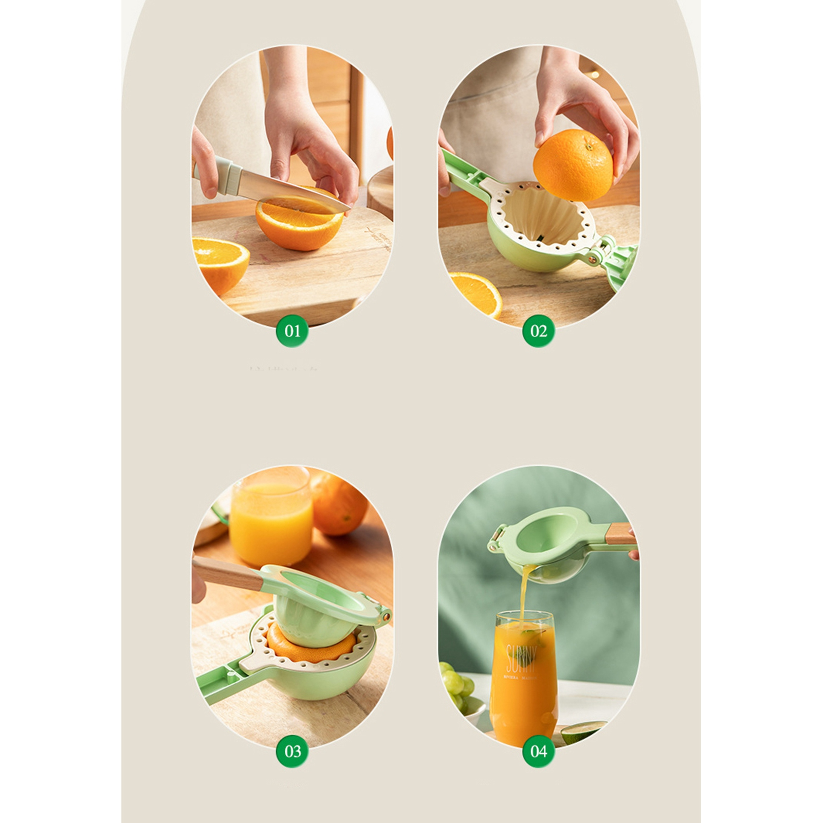 Schritte zum Auspressen einer Orange. Die Orange schneiden, einen Entsafter verwenden und Saft in ein Glas gießen, mit einem Glas Saft.