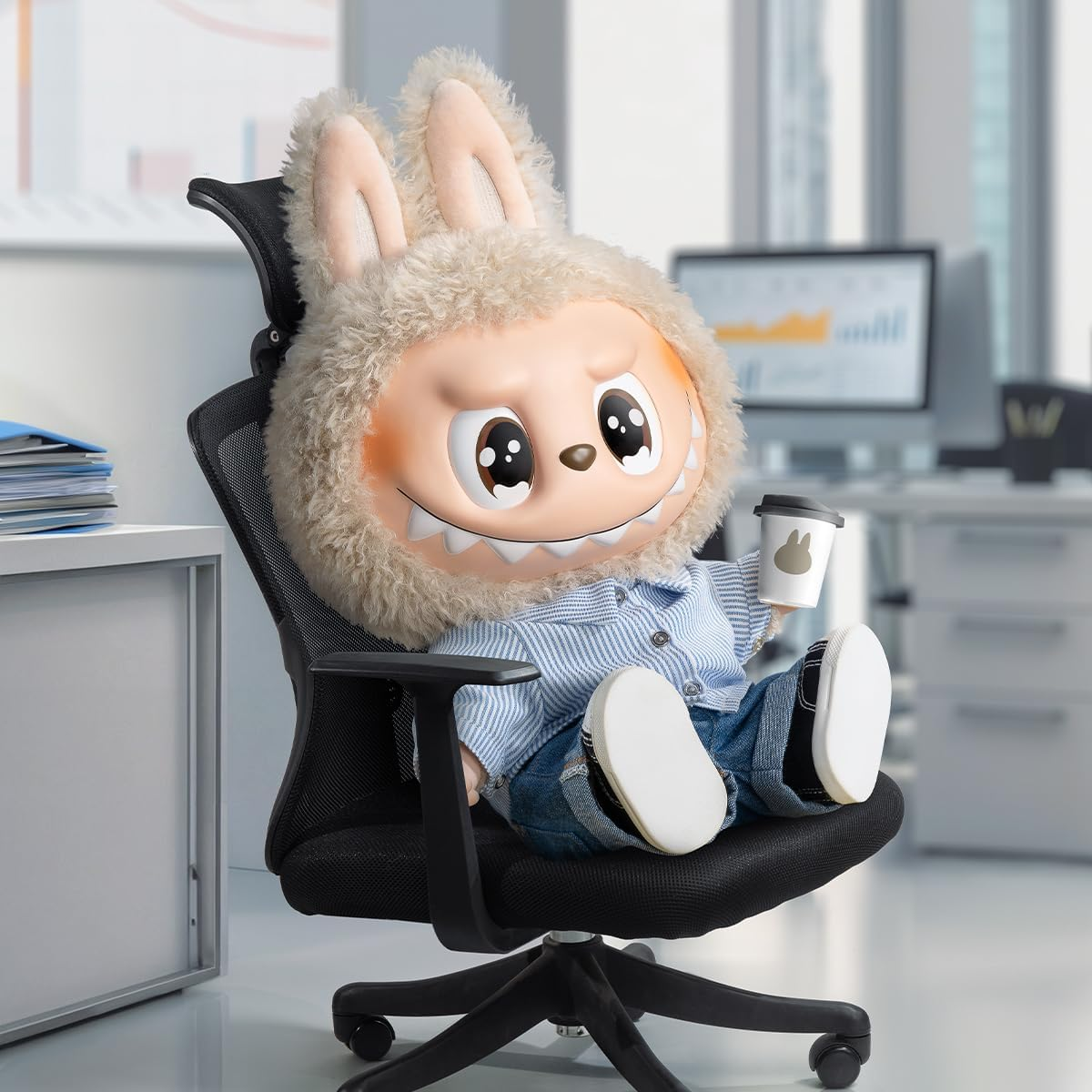Ein Spielzeug mit Hasenohren, einem lächelnden Gesicht und einem Hemd, das auf einem Bürostuhl sitzt und einen Kaffeebecher hält. Der Hintergrund ist ein Büro.