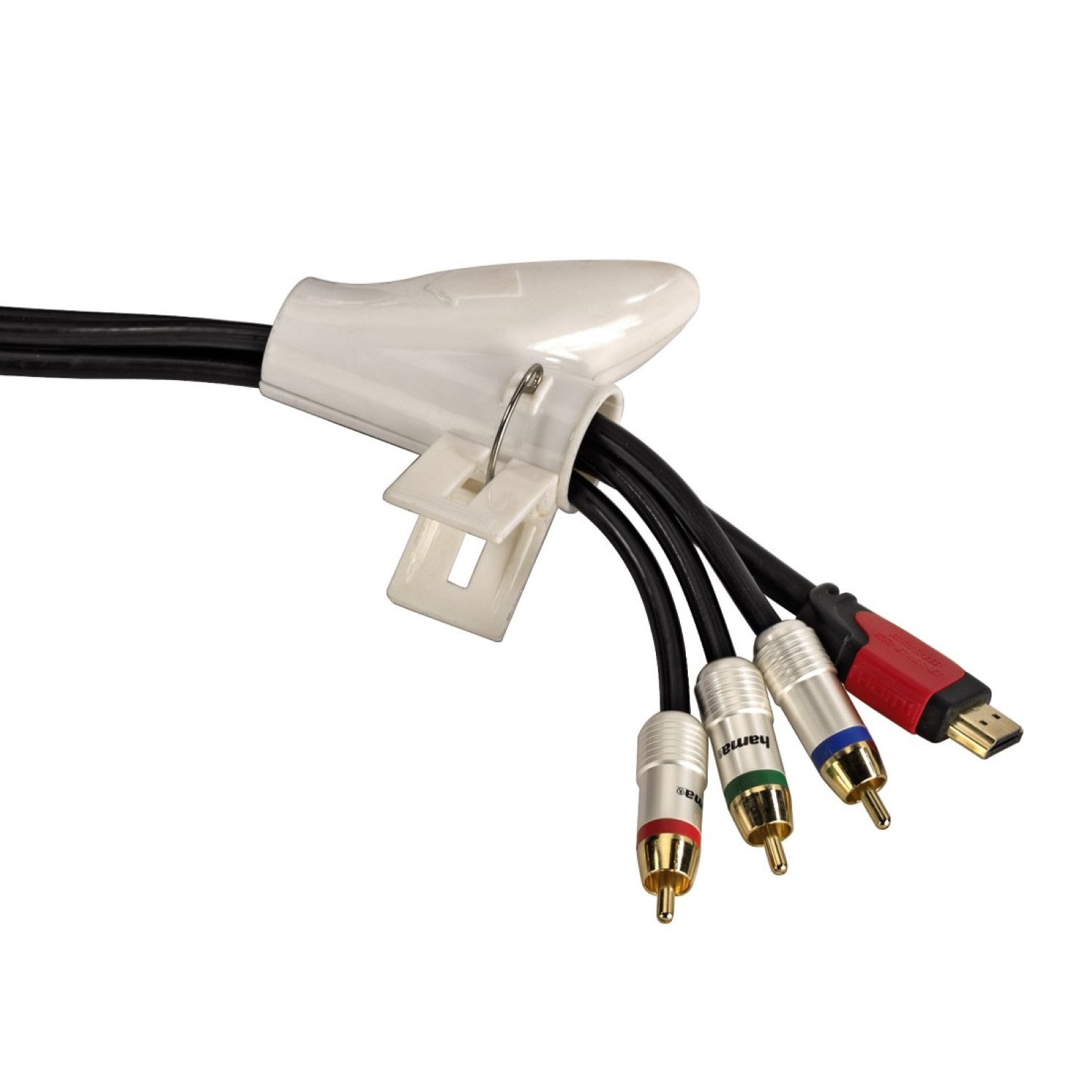 Ein weißer Kabelorganisator, der mehrere schwarze Kabel mit Cinch- und HDMI-Anschlüssen hält. Der Hintergrund ist weiß.