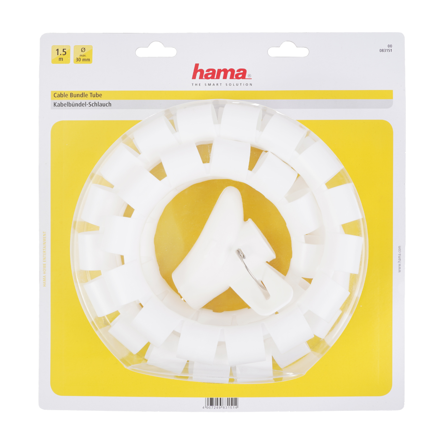Eine weiße Kabelbündelröhre in einer Verpackung mit dem Hama-Logo. Der Hintergrund ist gelb. Die Röhre ist kreisförmig.