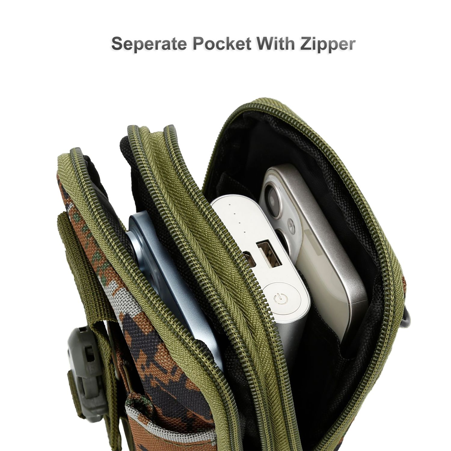 Grüne und Tarnung-Tasche mit mehreren Taschen, die ein Telefon, eine Powerbank und ein Gerät enthalten. Text: Separate Tasche mit Reißverschluss.