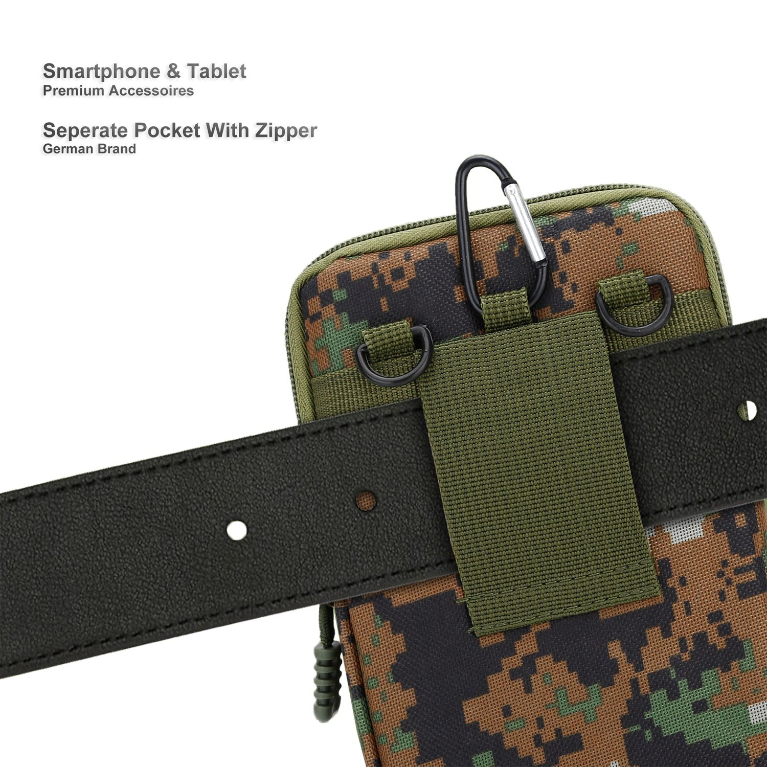 Eine tarnfarbene Handytasche mit Reißverschluss und einem schwarzen Gürtel. Ein Karabiner ist an der Tasche befestigt.