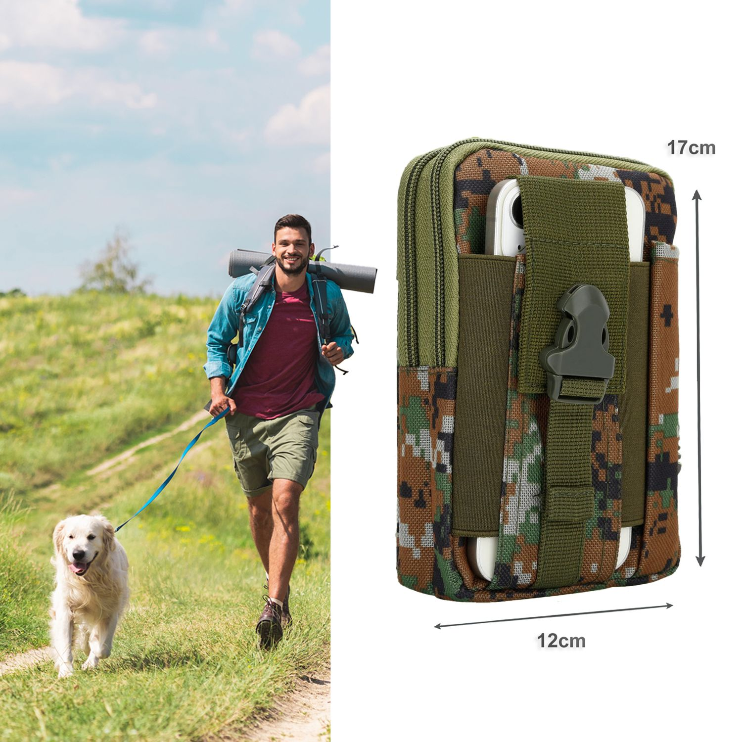 Ein Mann wandert mit einem Hund. Er trägt einen Rucksack und Shorts. Der Hund ist golden. Eine Camouflage-Tasche rechts ist 12x17cm.