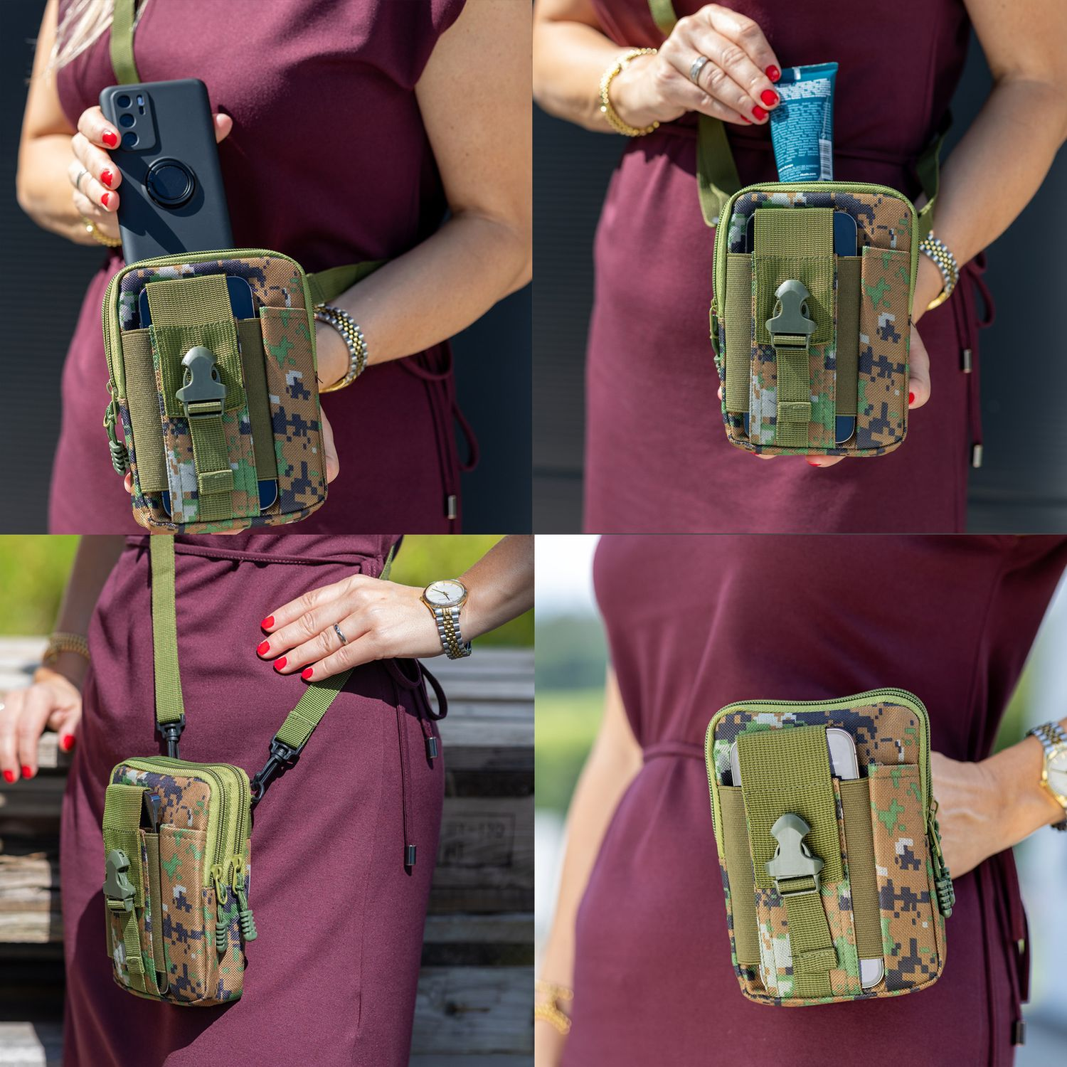 Frau trägt ein bordeauxrotes Kleid und hält eine Camouflage-Tasche mit einem Handy. Roter Nagellack und Goldschmuck sind sichtbar.
