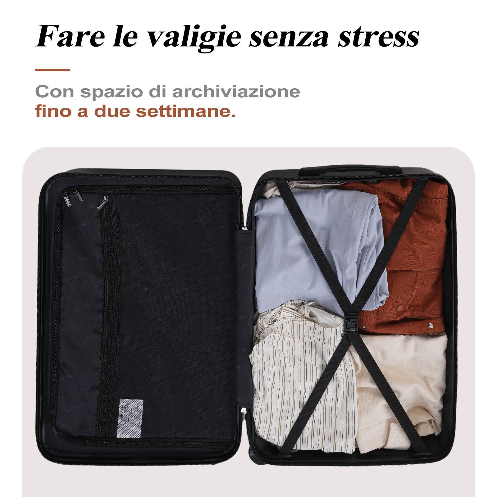 Valigia aperta con vestiti, tra cui camicie e una giacca. Cinghie nere fissano il contenuto. Testo in italiano in alto.