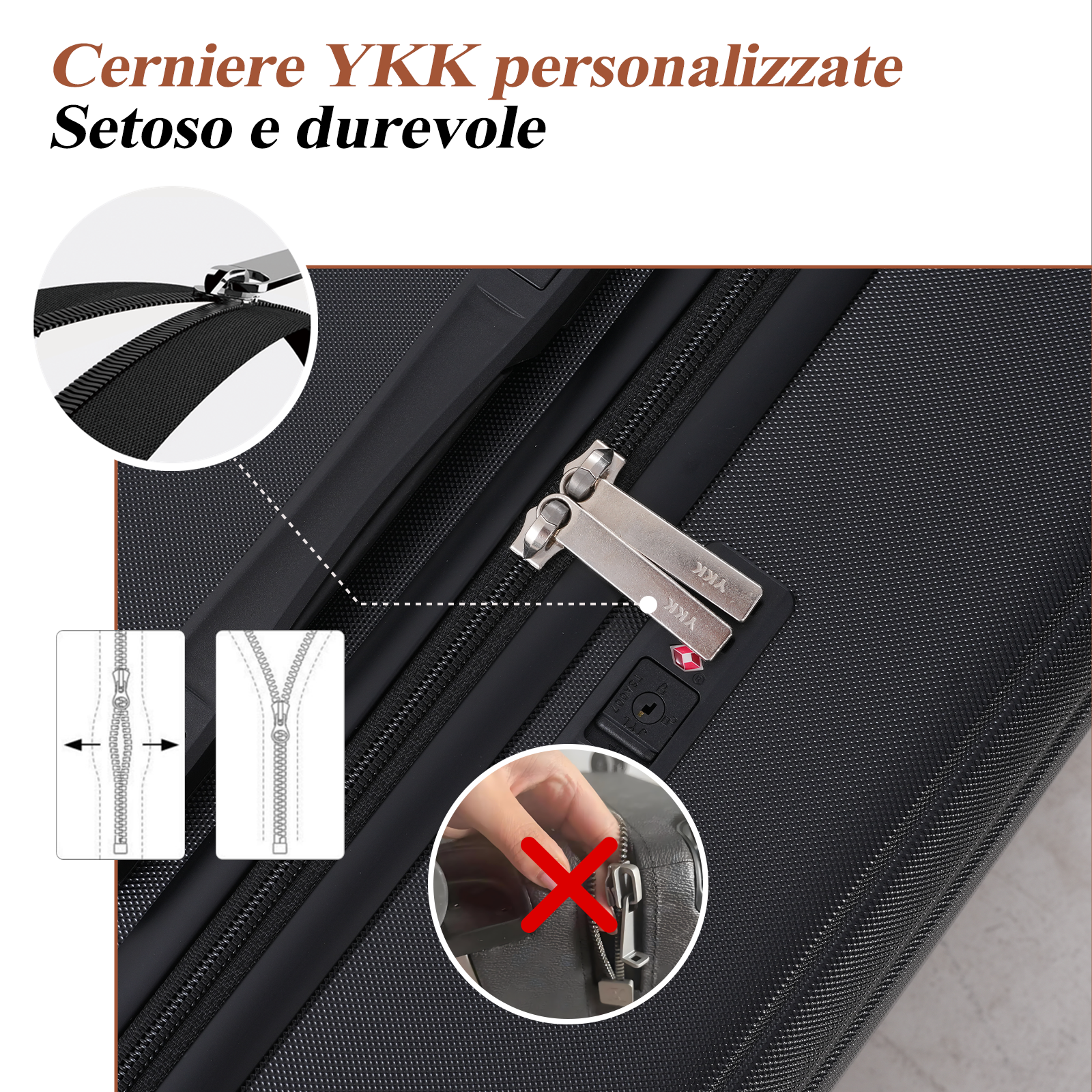 Primo piano di una valigia con cerniere YKK. Un primo piano mostra il dettaglio della cerniera. Il testo dice: Cerniere YKK personalizzate, Setoso e durevole.