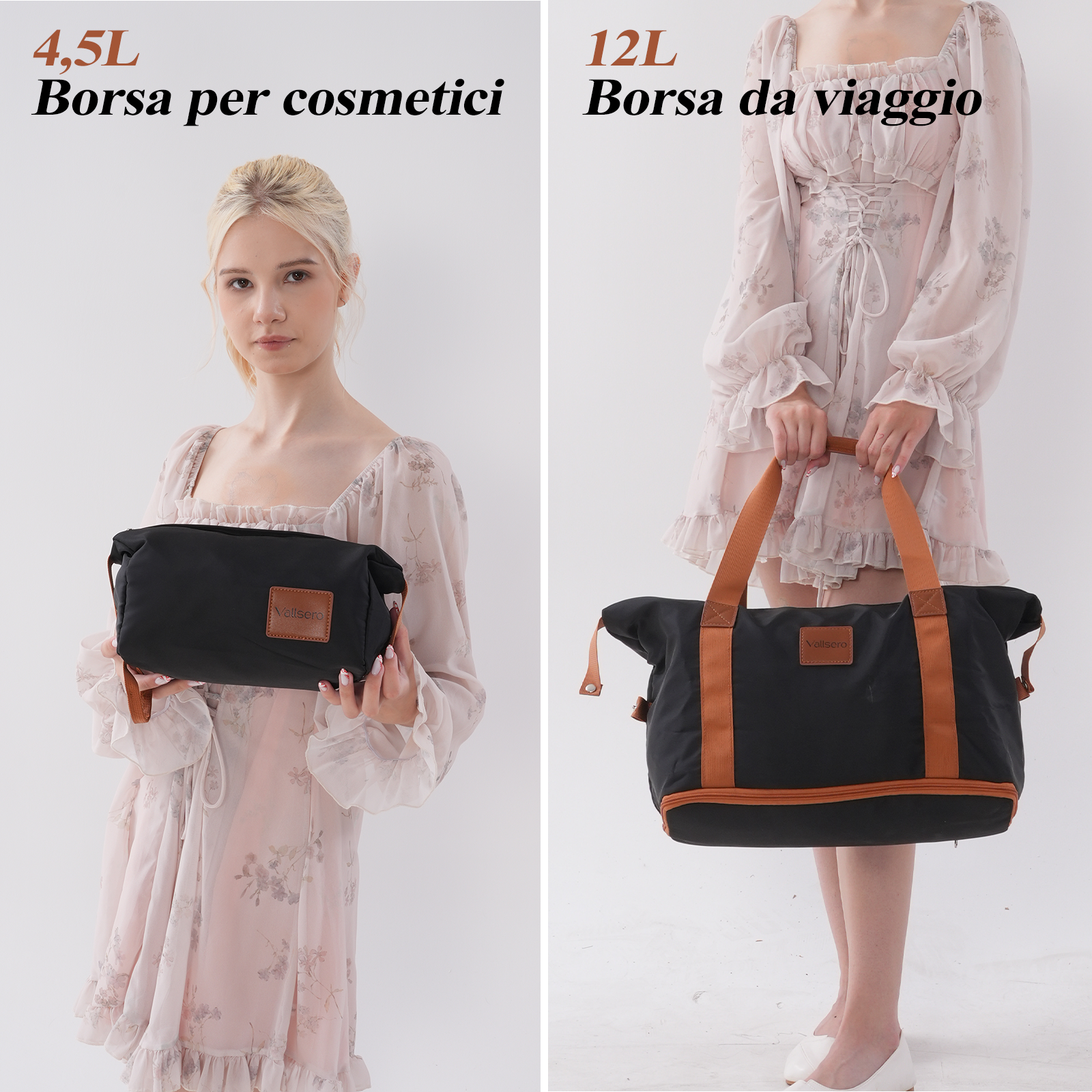 Due donne mostrano borse nere. Una tiene una piccola pochette, l'altra una borsa da viaggio più grande. Entrambe le borse hanno dettagli marroni.