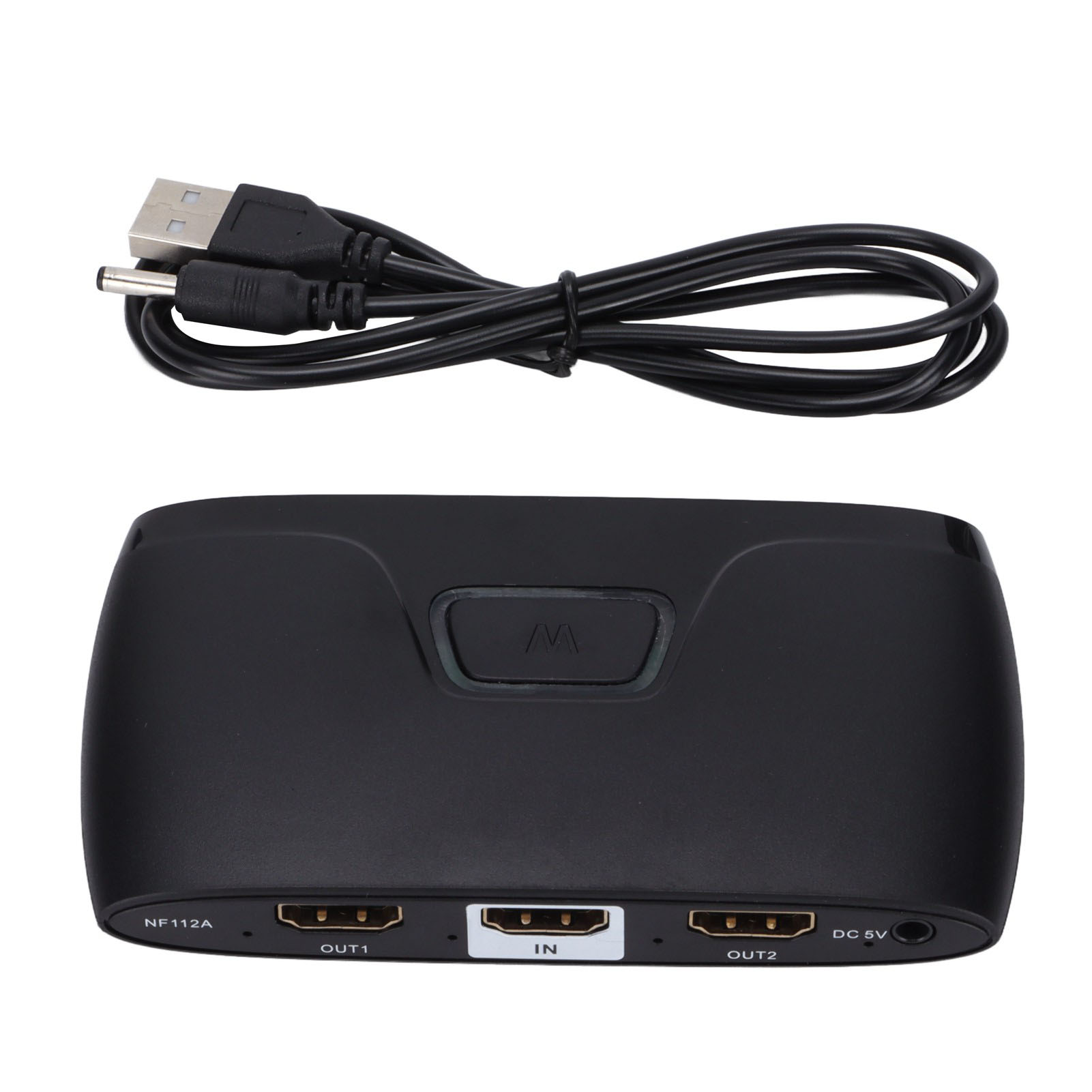 Schwarzer HDMI-Switch mit USB- und DC-Stromkabeln. Mit HDMI-Anschlüssen: IN, OUT1, OUT2 und DC 5V. Weißer Hintergrund.