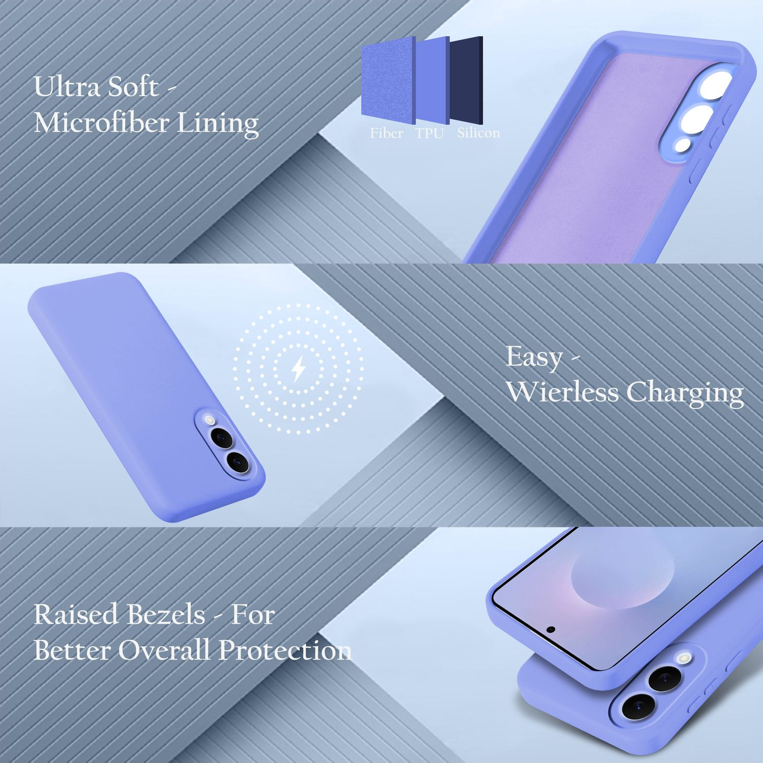 Eine Handyhülle wird mit den Worten Ultra Soft, Easy Wireless Charging und Raised Bezels gezeigt. Die Hülle ist helllila.