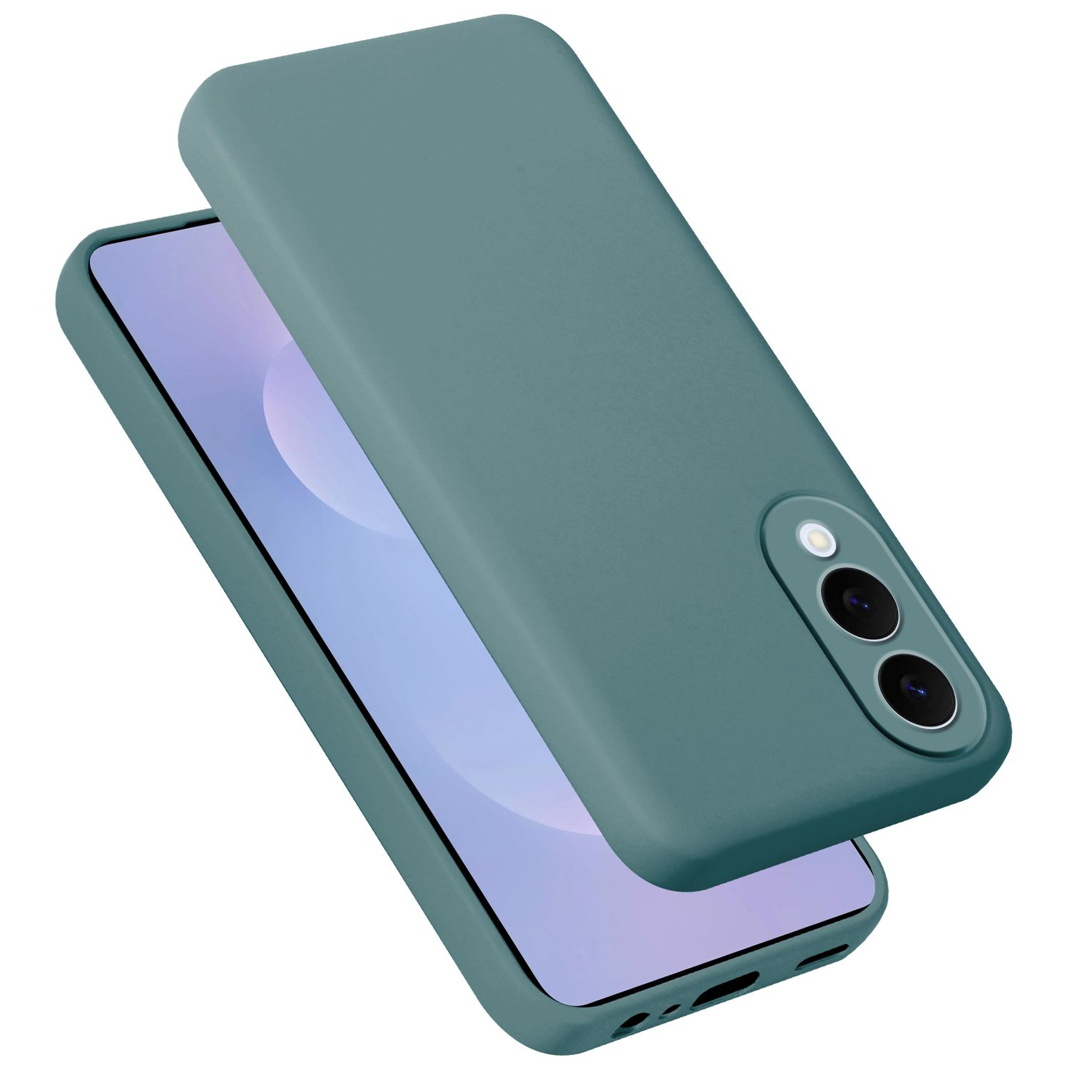 Eine tealfarbene Handyhülle bedeckt teilweise ein Smartphone. Der Bildschirm des Telefons ist sichtbar und zeigt ein verschwommenes lila Bild.