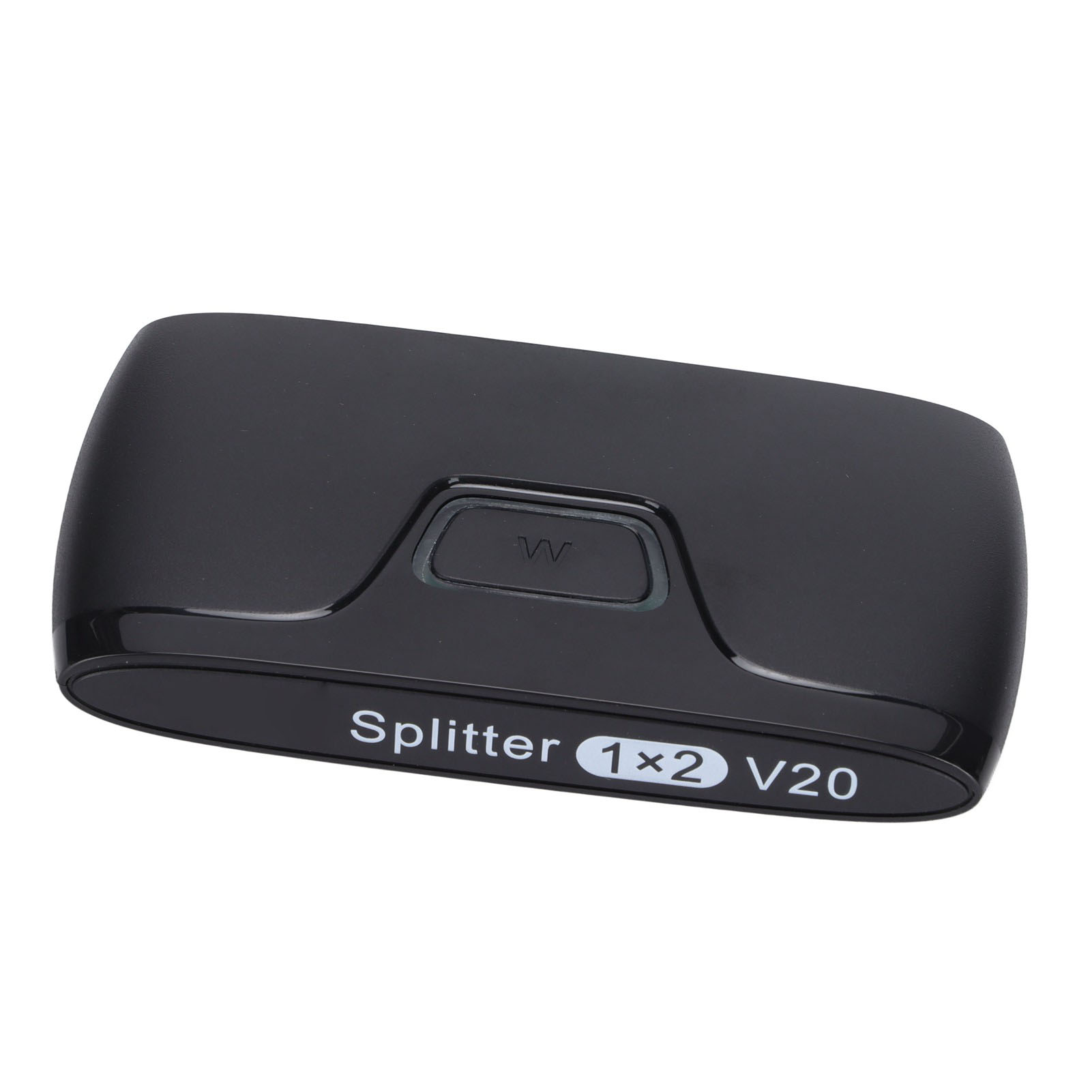 Ein schwarzes Splittergerät mit dem Text 'Splitter 1x2 V20'. Es hat eine Taste mit einem 'W'.