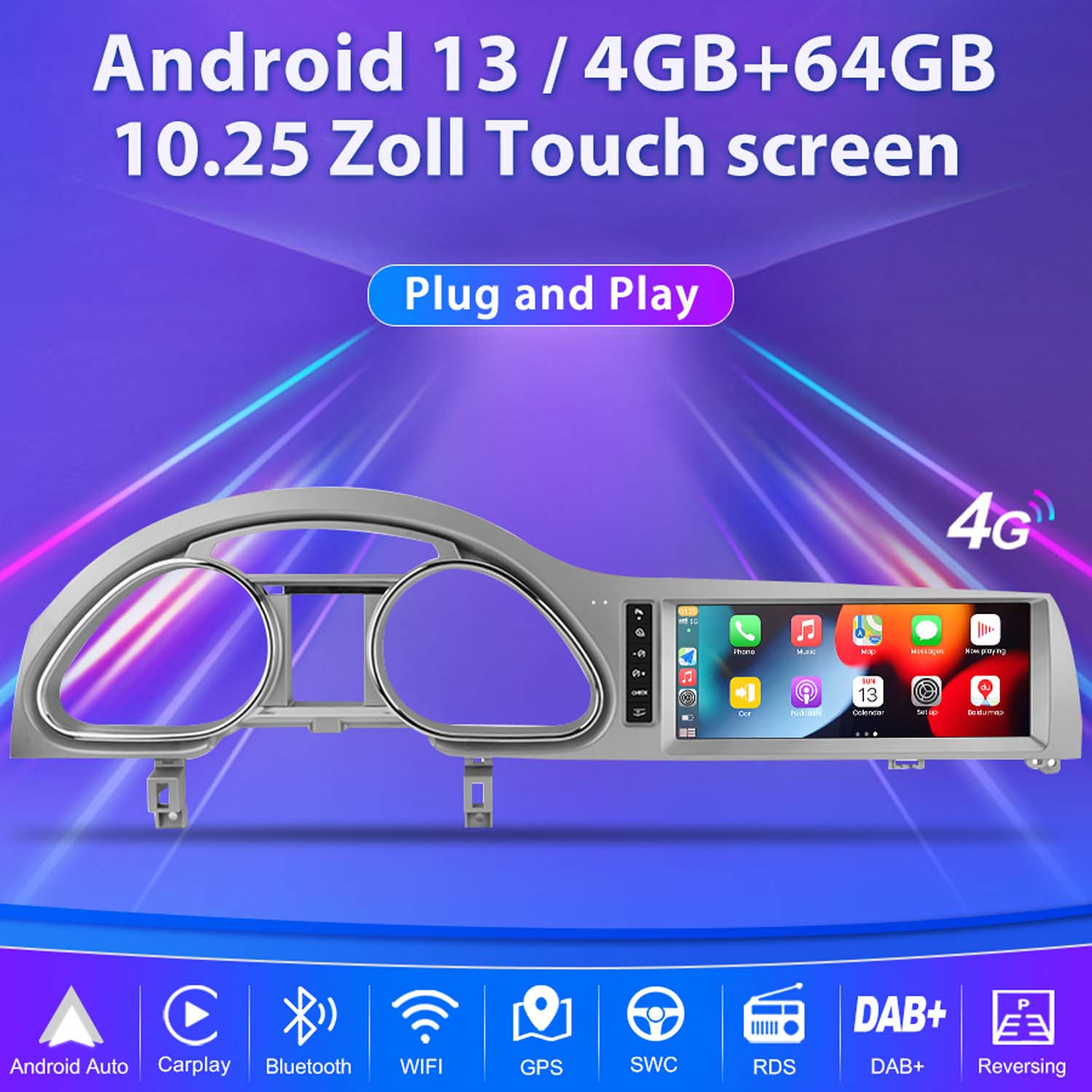 System multimedialny do samochodu z ekranem dotykowym, ikonami i srebrną ramką. Tekst zawiera Android Auto, Carplay, Bluetooth i więcej.