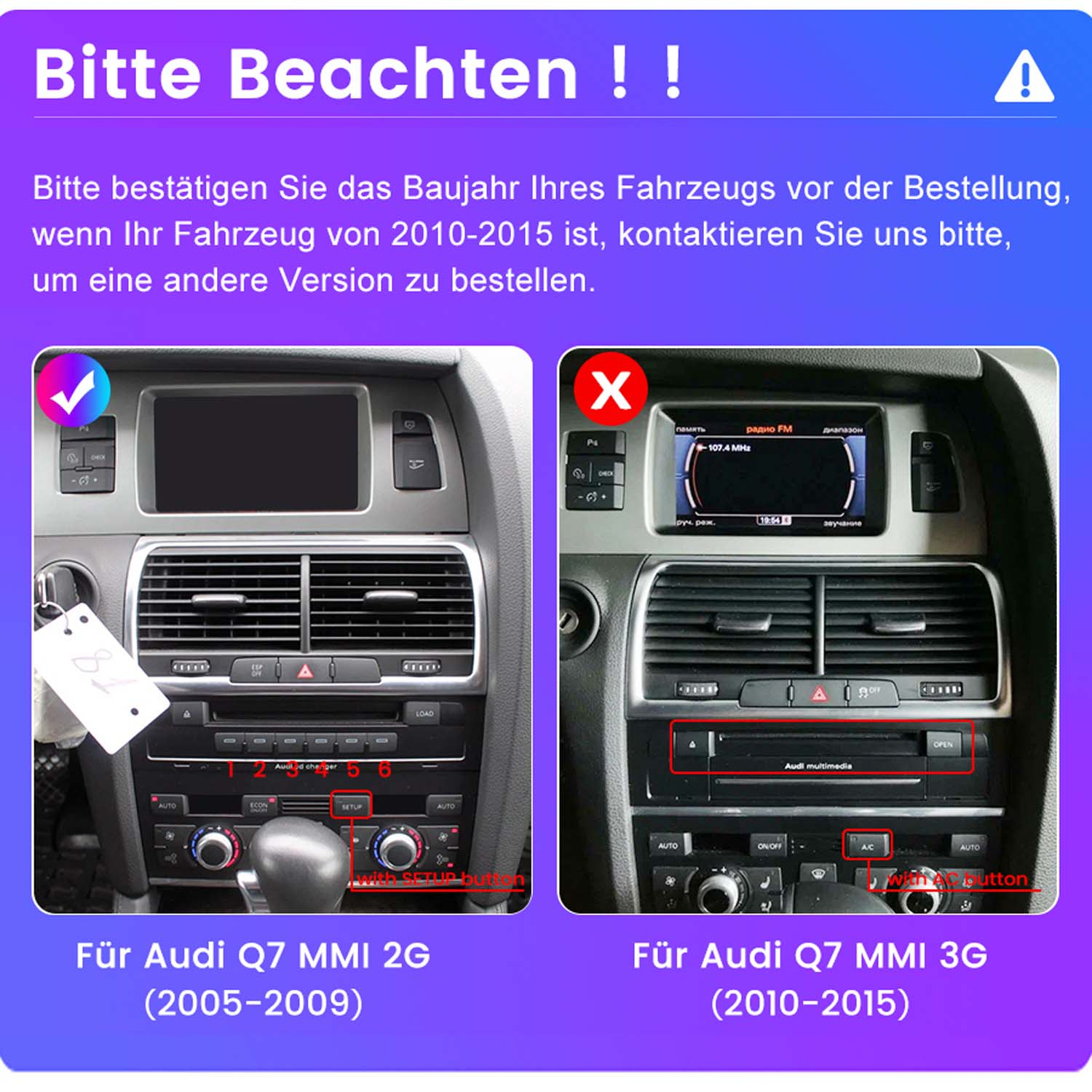 Obraz porównuje dwa systemy multimedialne Audi Q7. Jeden ma znacznik wyboru, drugi X. Tekst podkreśla roczniki 2005-2009 i 2010-2015.