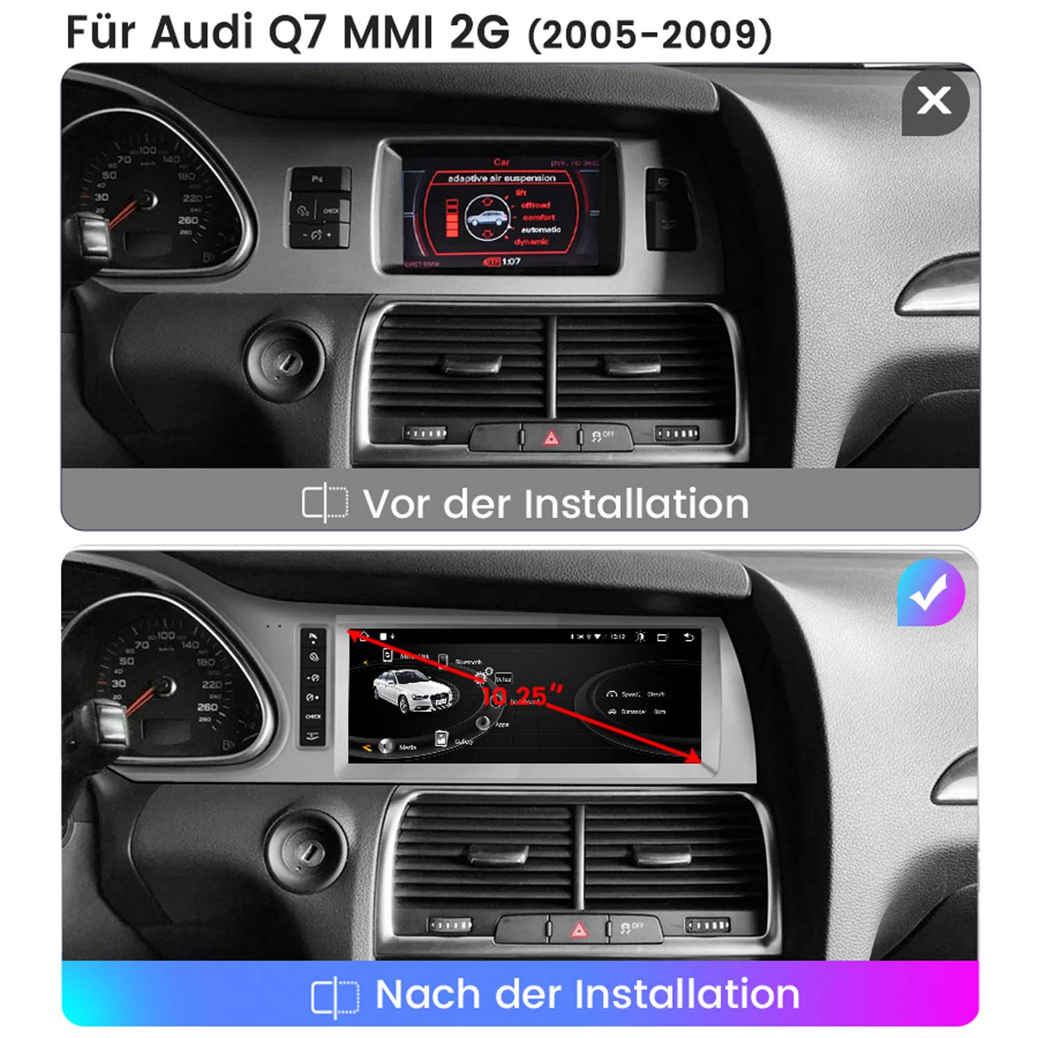 Deska rozdzielcza Audi Q7 przed i po instalacji. Pokazuje zmiany na ekranie, ze prędkościomierzem i przyciskami sterowania.