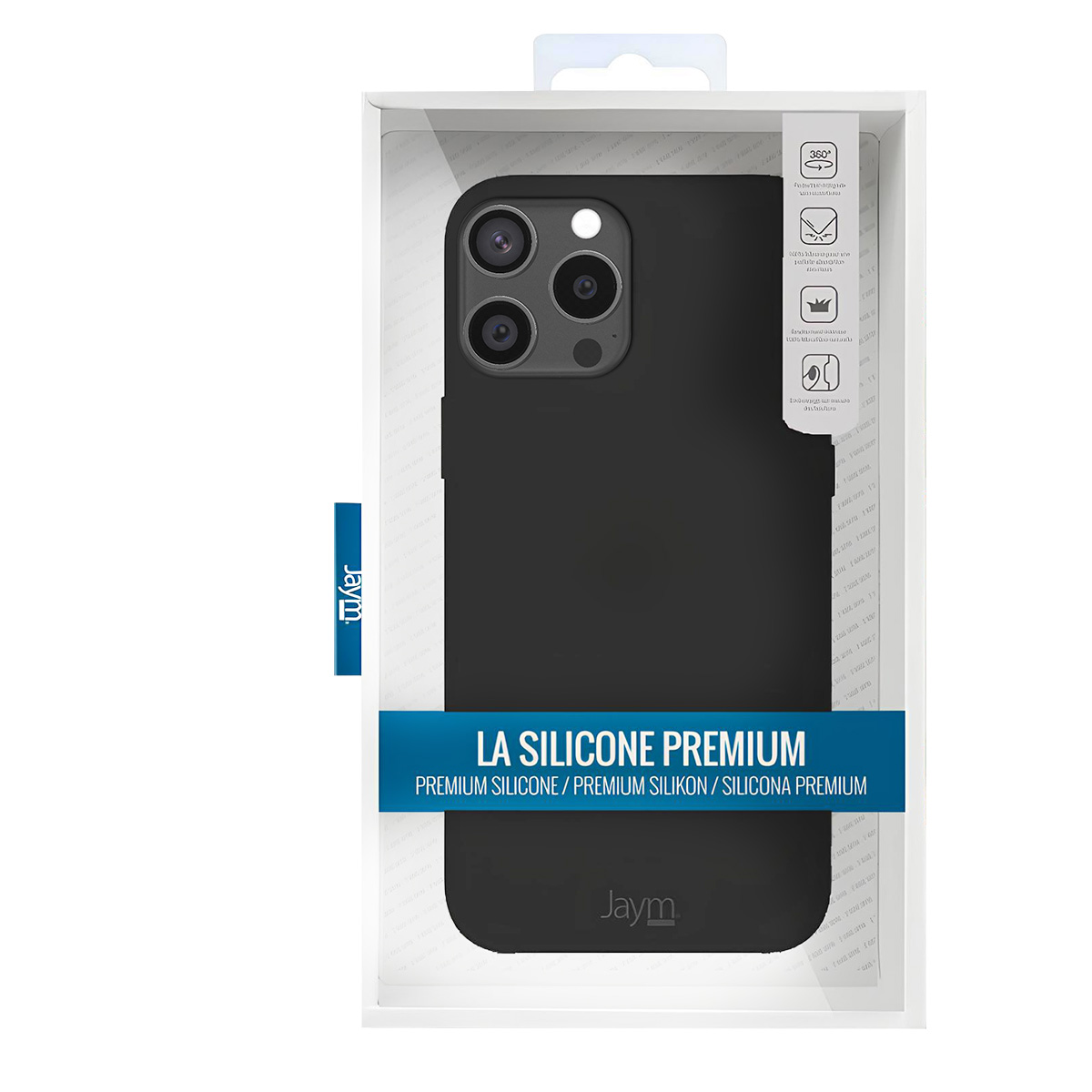 Una custodia nera per telefono in una scatola bianca. Il testo include 'LA SILICONE PREMIUM' e 'Jaym'. La custodia ha tre obiettivi.